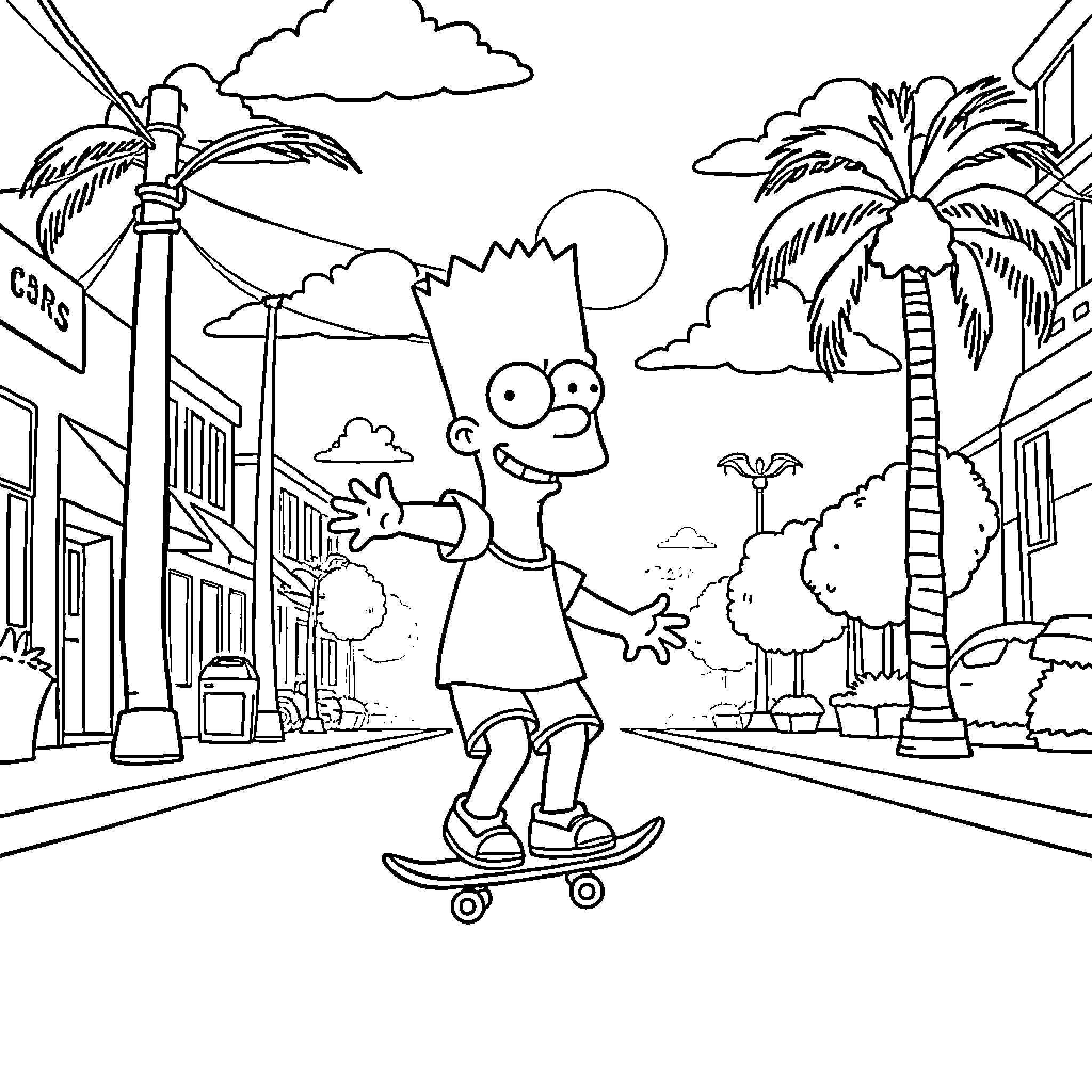 Bart Simpson skateboarding in a tropical town Coloring Page (free black-and-white line drawing printable PDF for all, from beginners to advanced learners, including children, teens, adults, and seniors)