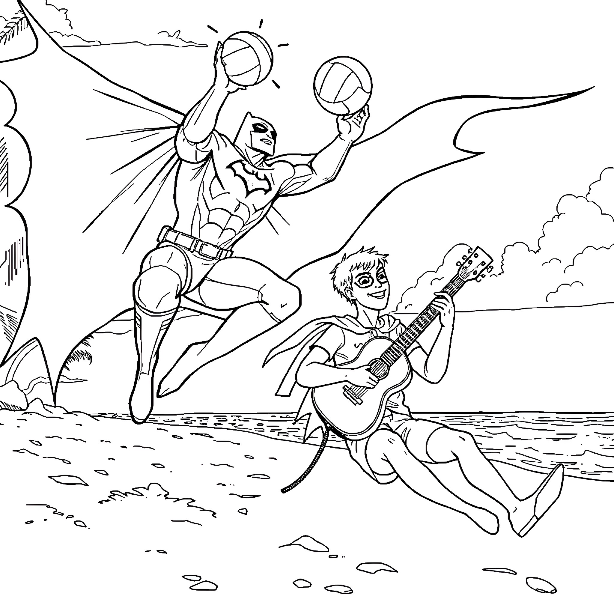 Batman fights crime with a sidekick playing guitar Coloring Page (free black-and-white line drawing printable PDF for all, from beginners to advanced learners, including children, teens, adults, and seniors)