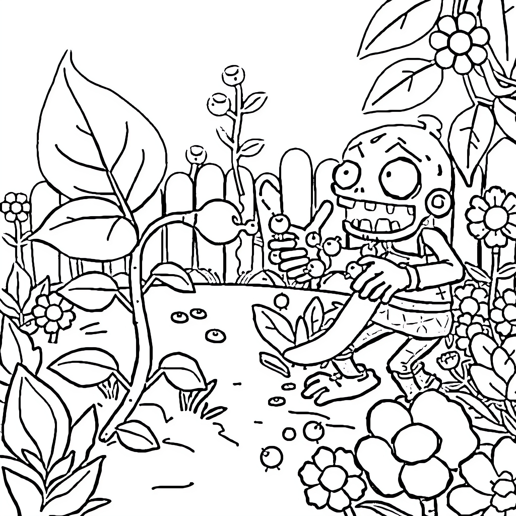 Plants vs. Zombies: Zombie in Floral Garden Coloring Page (free black-and-white line drawing printable PDF for all, from beginners to advanced learners, including children, teens, adults, and seniors)