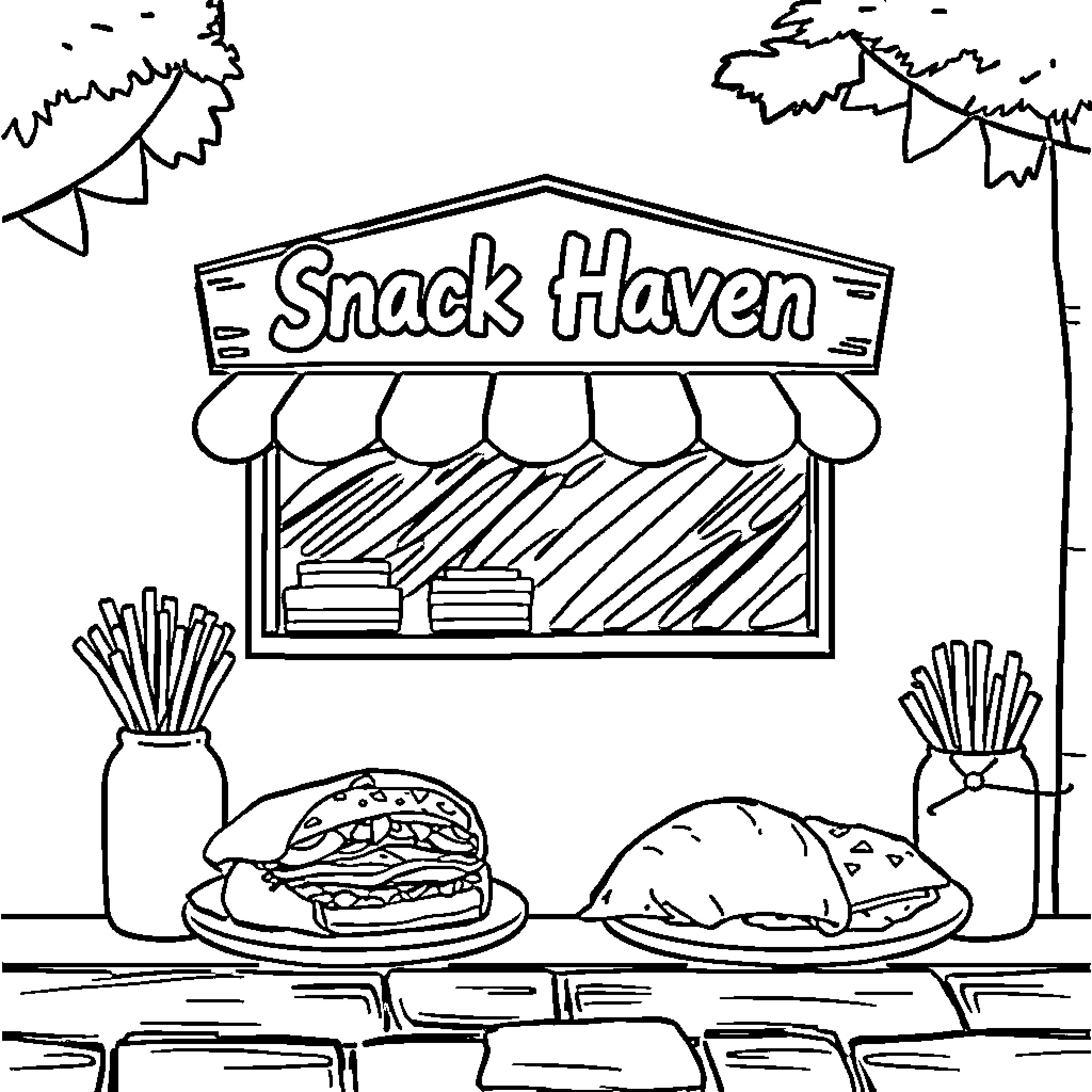 Snack Haven: A Cozy Outdoor Eatery Coloring Page (free black-and-white line drawing printable PDF for all, from beginners to advanced learners, including children, teens, adults, and seniors)