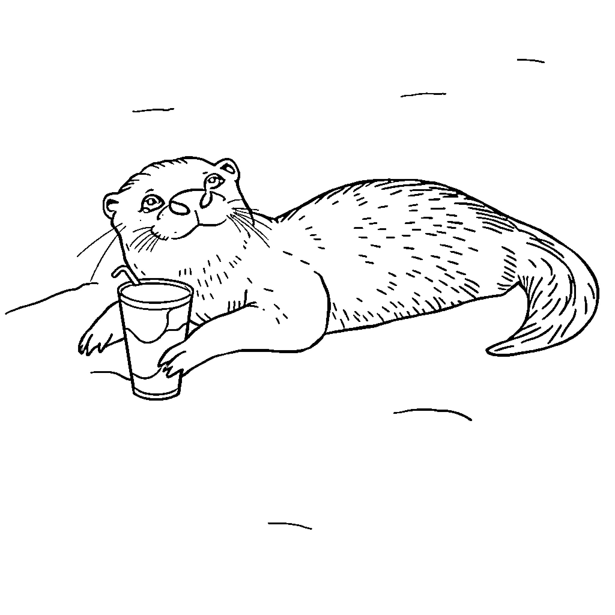 Otter relaxing with a drink Coloring Page (free black-and-white line drawing printable PDF for all, from beginners to advanced learners, including children, teens, adults, and seniors)