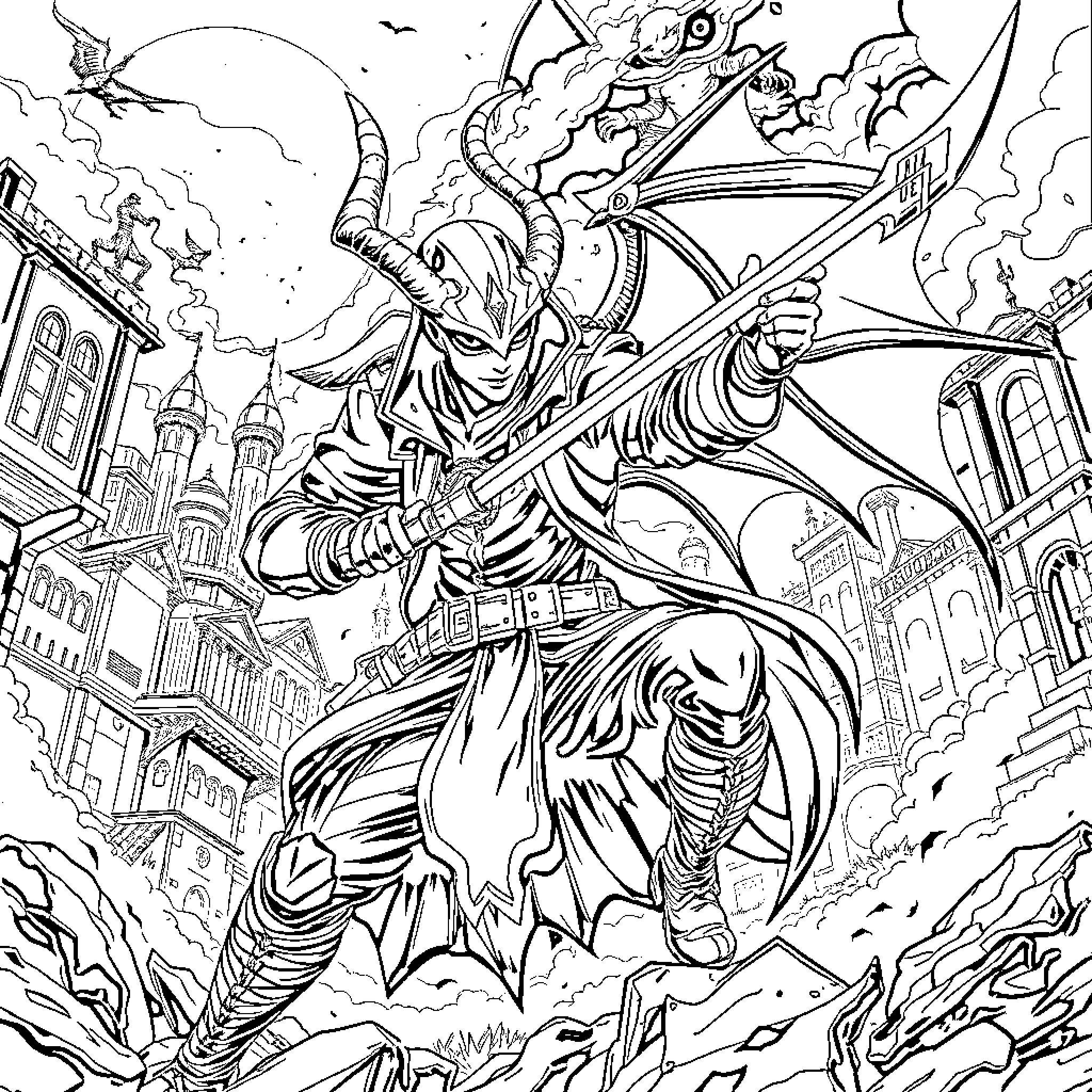 Demon Hunter Battles Fiendish Foes in Chaotic City Coloring Page (free black-and-white line drawing printable PDF for all, from beginners to advanced learners, including children, teens, adults, and seniors)