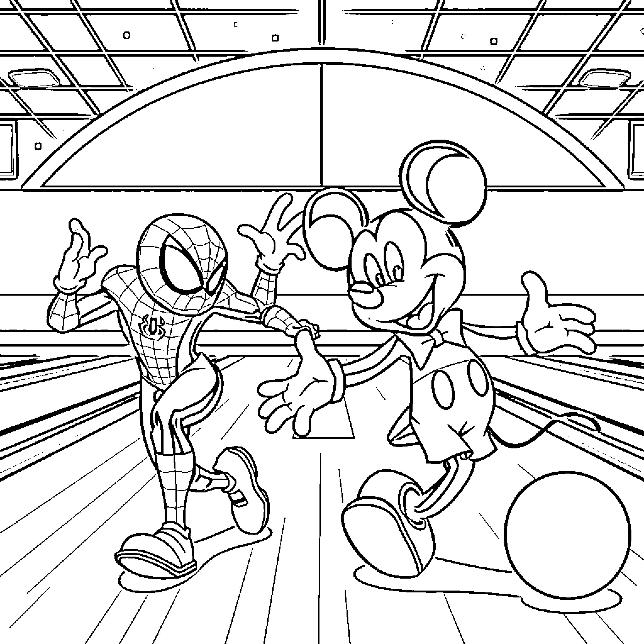 Spiderman interacting with a cartoon character in a dramatic scene Coloring Page (free black-and-white line drawing printable PDF for all, from beginners to advanced learners, including children, teens, adults, and seniors)