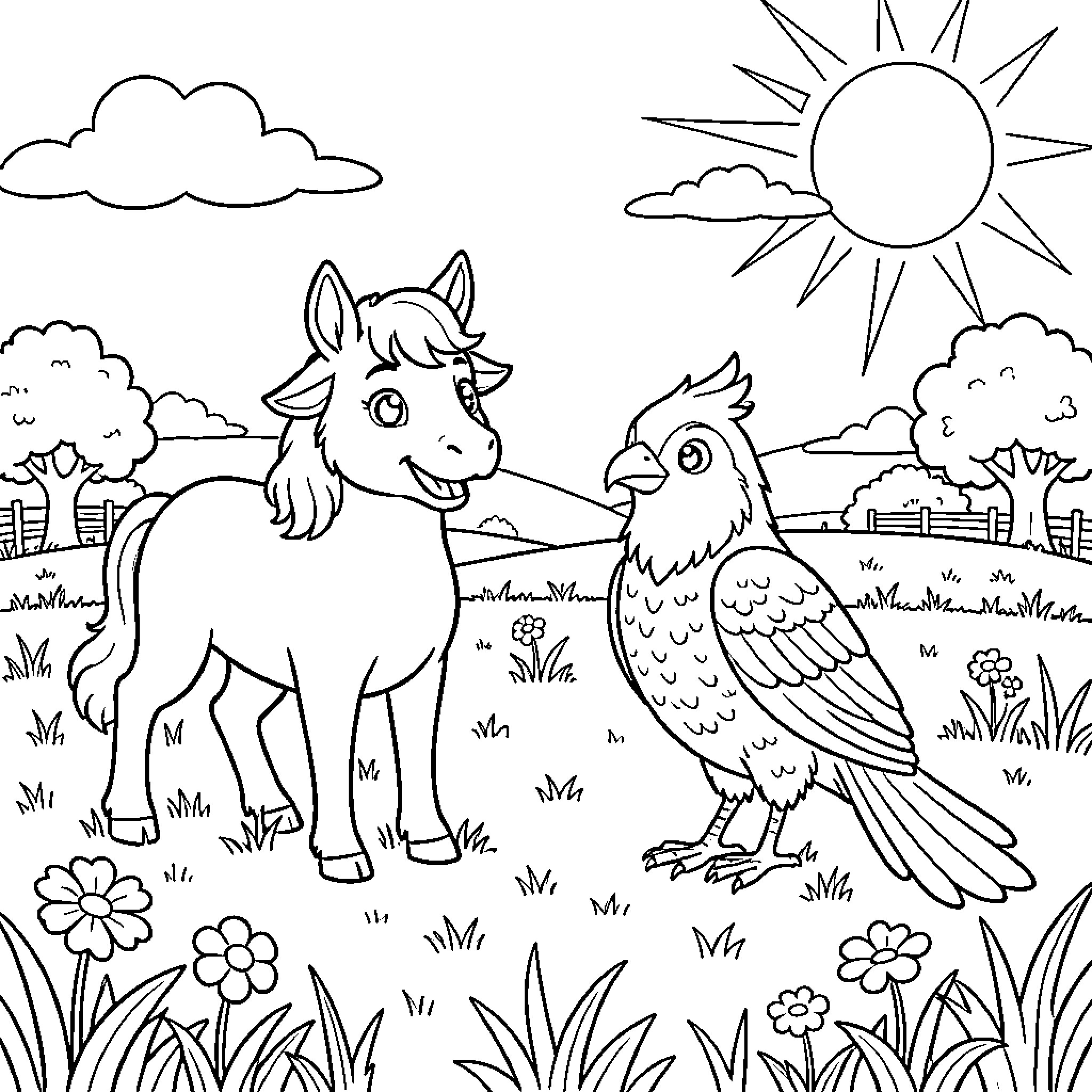 Cow and Crow in a Cheerful Outdoor Scene Coloring Page (free black-and-white line drawing printable PDF for all, from beginners to advanced learners, including children, teens, adults, and seniors)