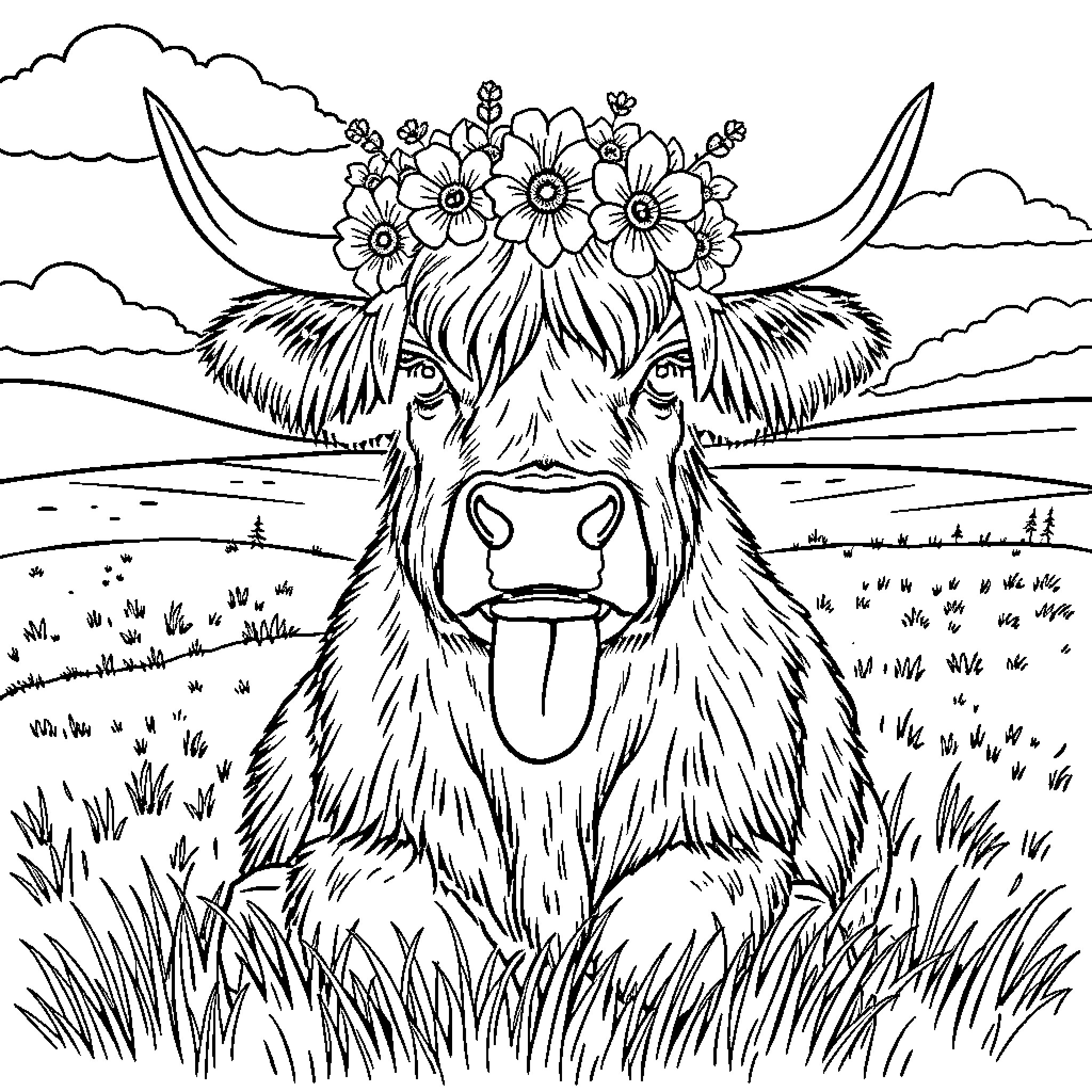 Highland Cow with Floral Crown in Scenic Landscape Coloring Page (free black-and-white line drawing printable PDF for all, from beginners to advanced learners, including children, teens, adults, and seniors)