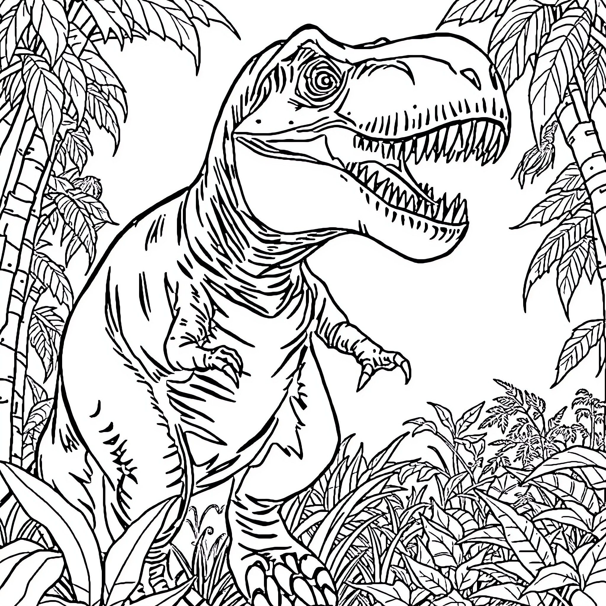 T-Rex stalking through the jungle Coloring Page (free black-and-white line drawing printable PDF for all, from beginners to advanced learners, including children, teens, adults, and seniors)