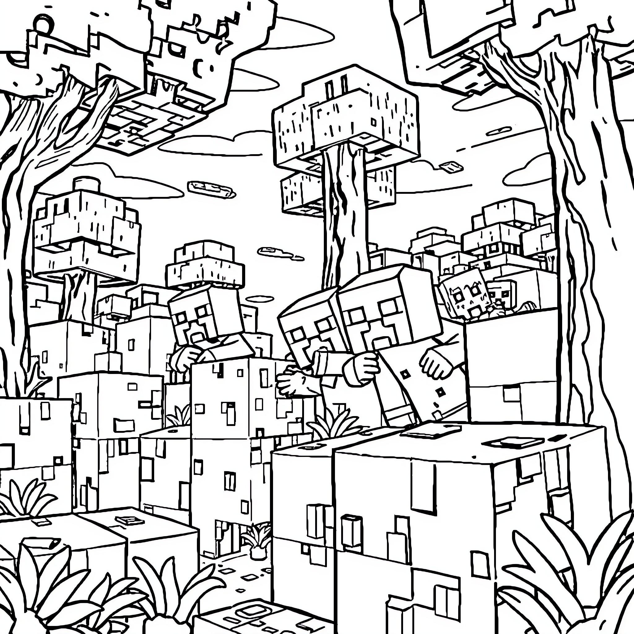 Creeper exploring the blocky urban landscape Coloring Page (free black-and-white line drawing printable PDF for all, from beginners to advanced learners, including children, teens, adults, and seniors)