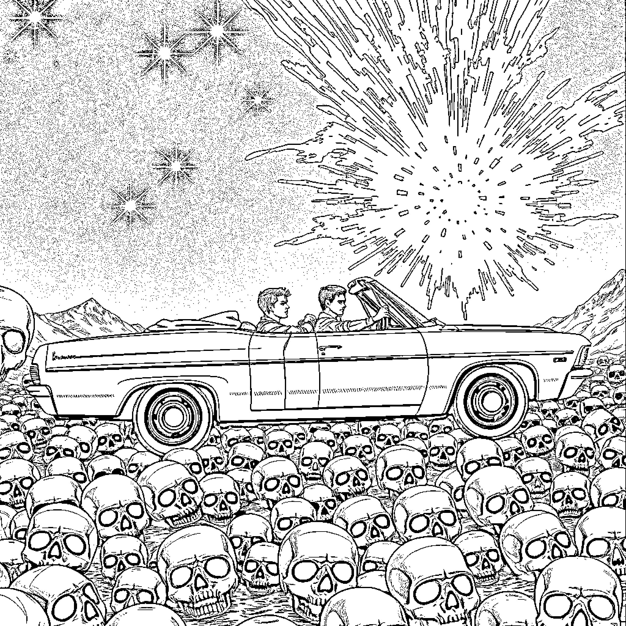 Impala convertible with passengers watching fireworks display Coloring Page (free black-and-white line drawing printable PDF for all, from beginners to advanced learners, including children, teens, adults, and seniors)