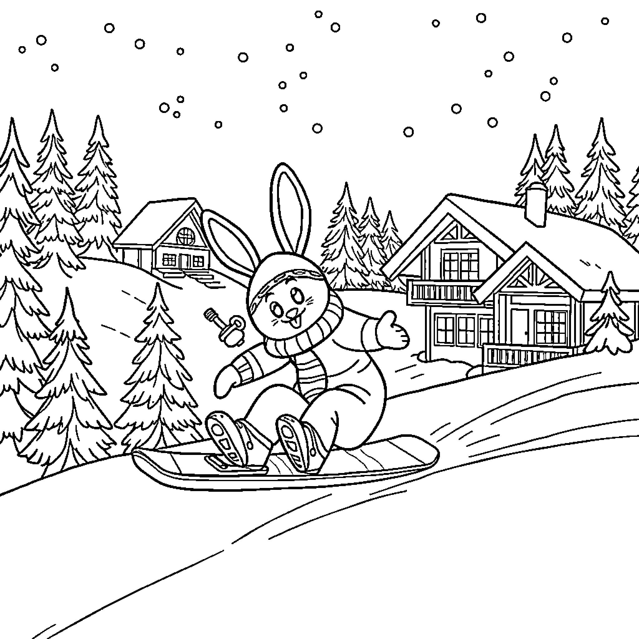 Bunny sledding through snowy winter landscape Coloring Page (free black-and-white line drawing printable PDF for all, from beginners to advanced learners, including children, teens, adults, and seniors)