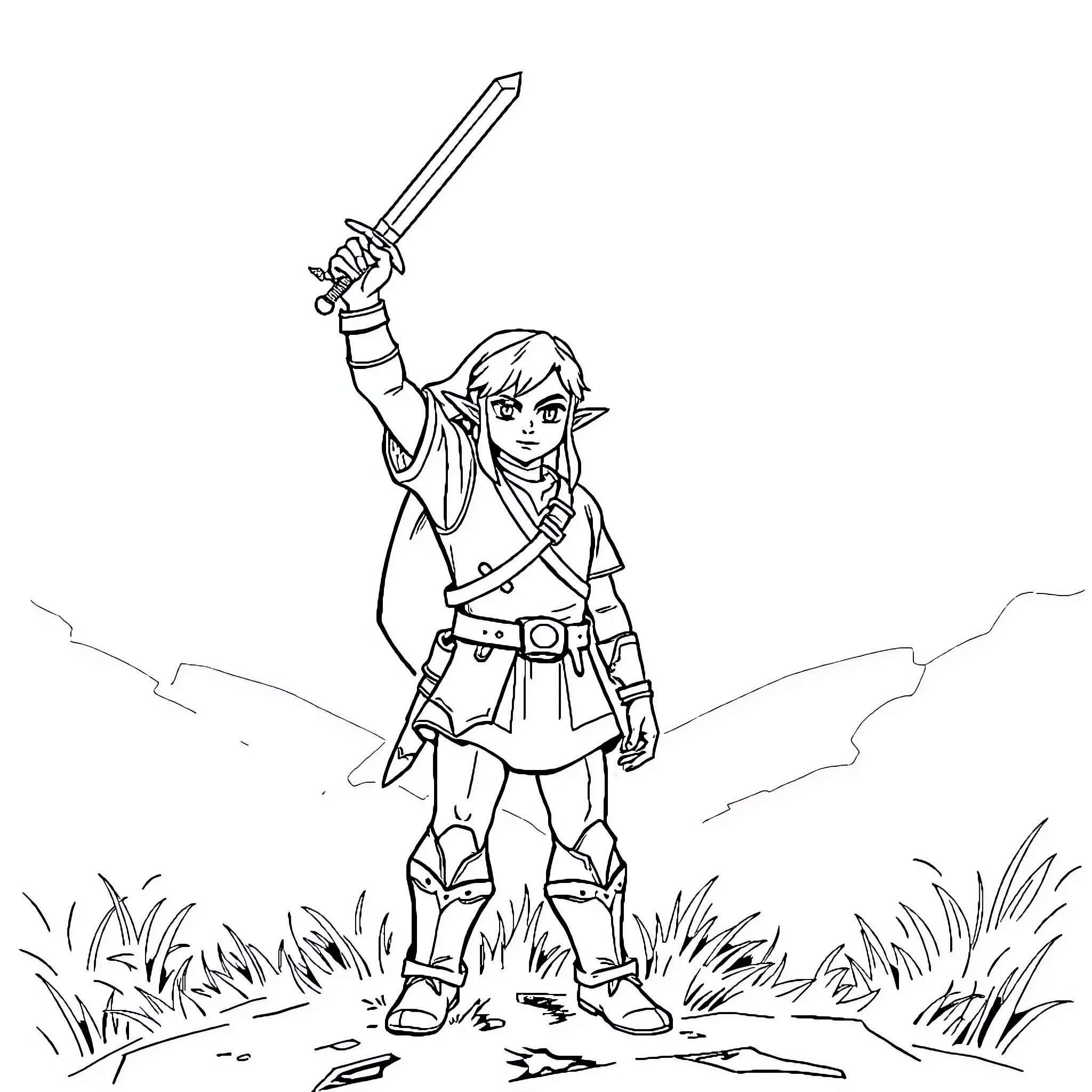 Link Wielding Sword in Grassy Landscape Coloring Page (free black-and-white line drawing printable PDF for all, from beginners to advanced learners, including children, teens, adults, and seniors)