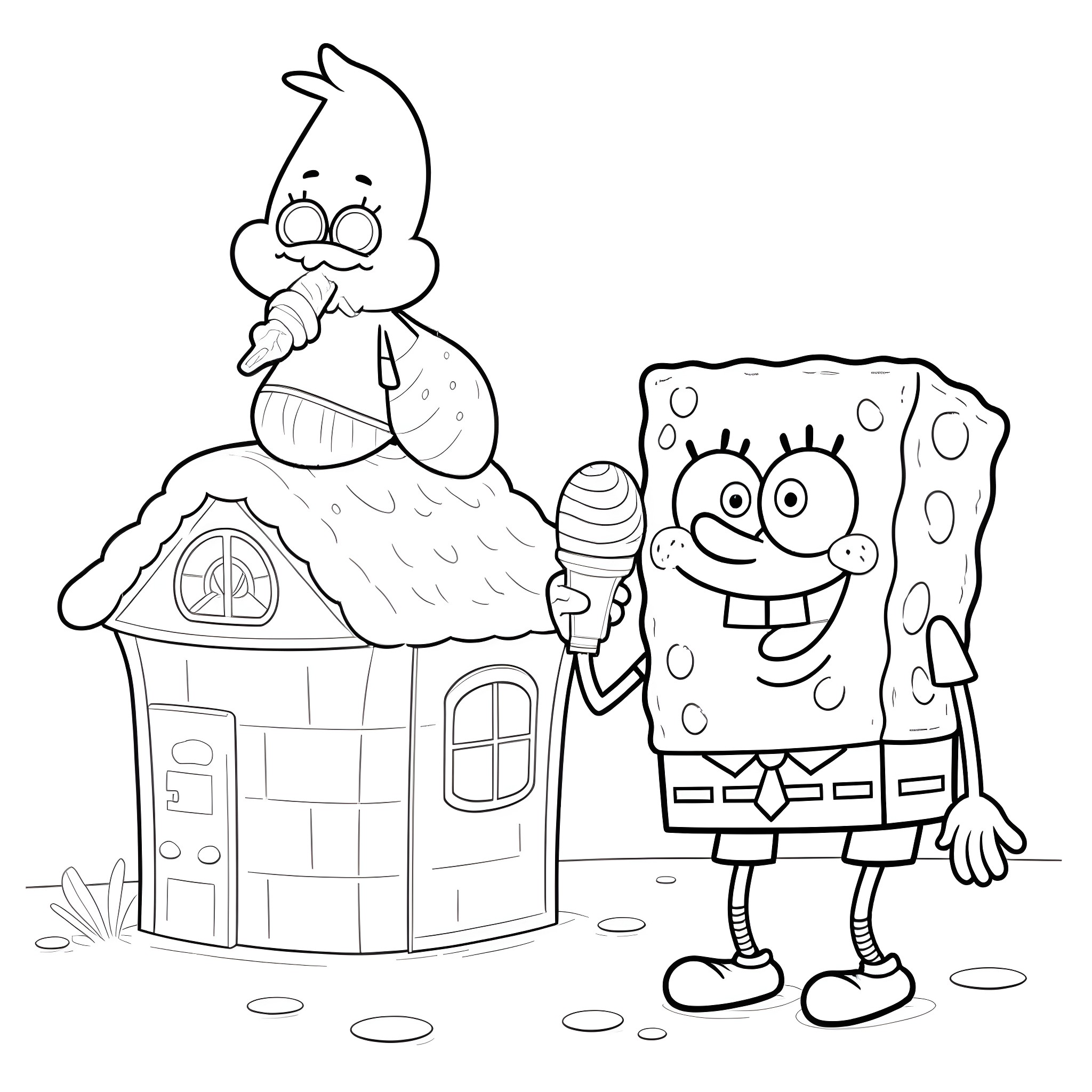 Spongebob and Patrick Enjoying a Picnic Outdoors Coloring Page (free black-and-white line drawing printable PDF for all, from beginners to advanced learners, including children, teens, adults, and seniors)