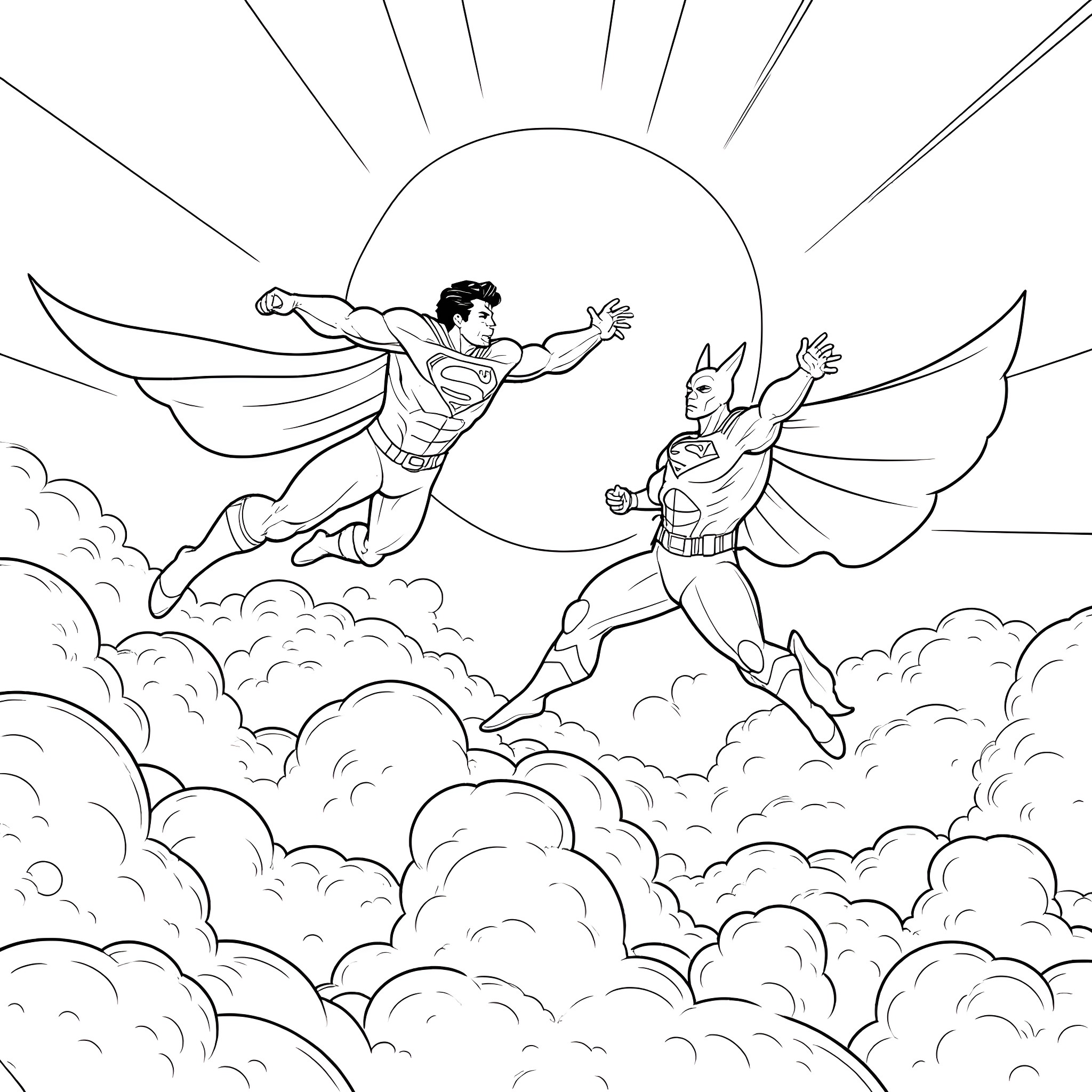Superman and Batman soaring through the sky Coloring Page (free black-and-white line drawing printable PDF for all, from beginners to advanced learners, including children, teens, adults, and seniors)
