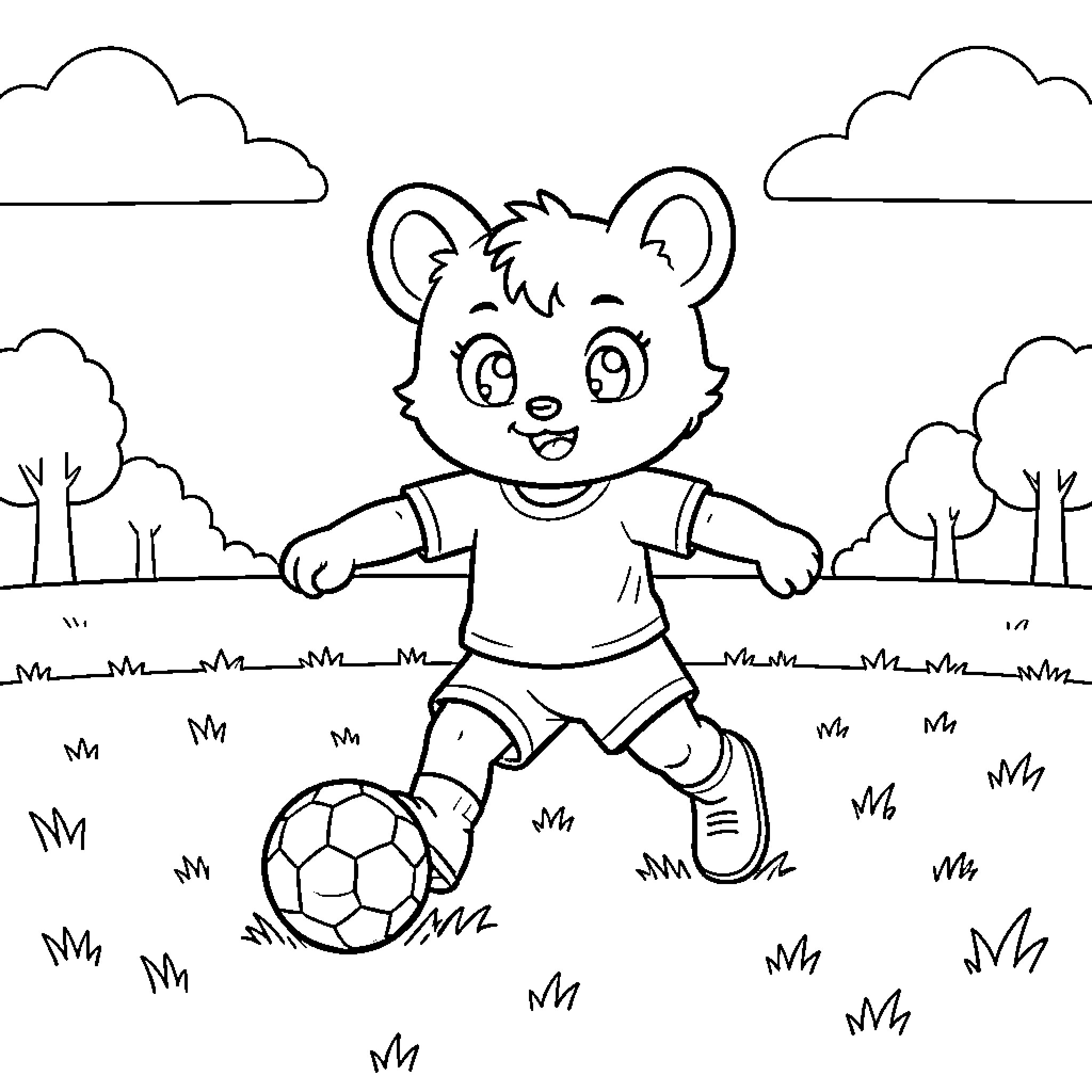 Labubu playing soccer in a grassy field Coloring Page (free black-and-white line drawing printable PDF for all, from beginners to advanced learners, including children, teens, adults, and seniors)