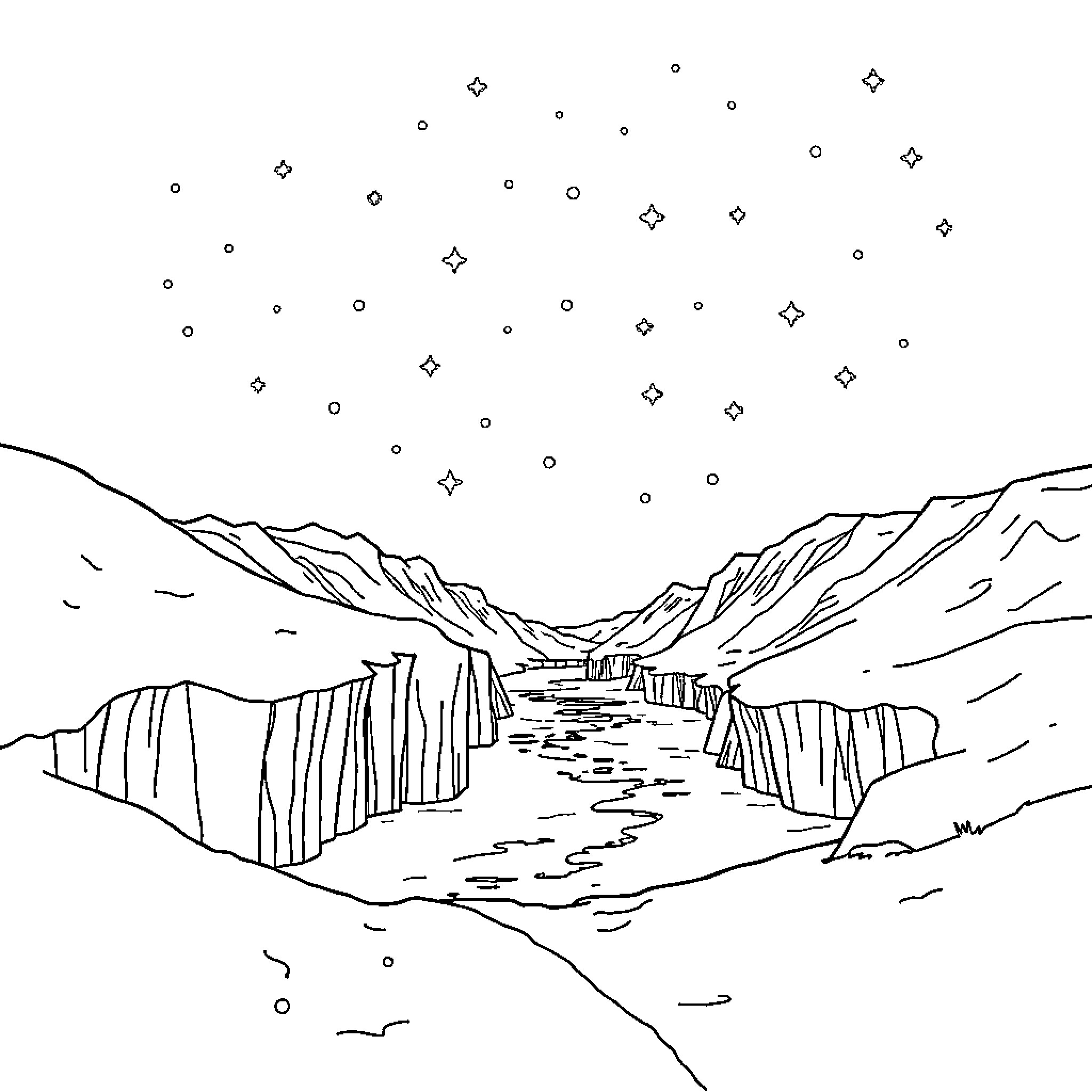 Frozen landscape with snowy mountains and starry sky Coloring Page (free black-and-white line drawing printable PDF for all, from beginners to advanced learners, including children, teens, adults, and seniors)