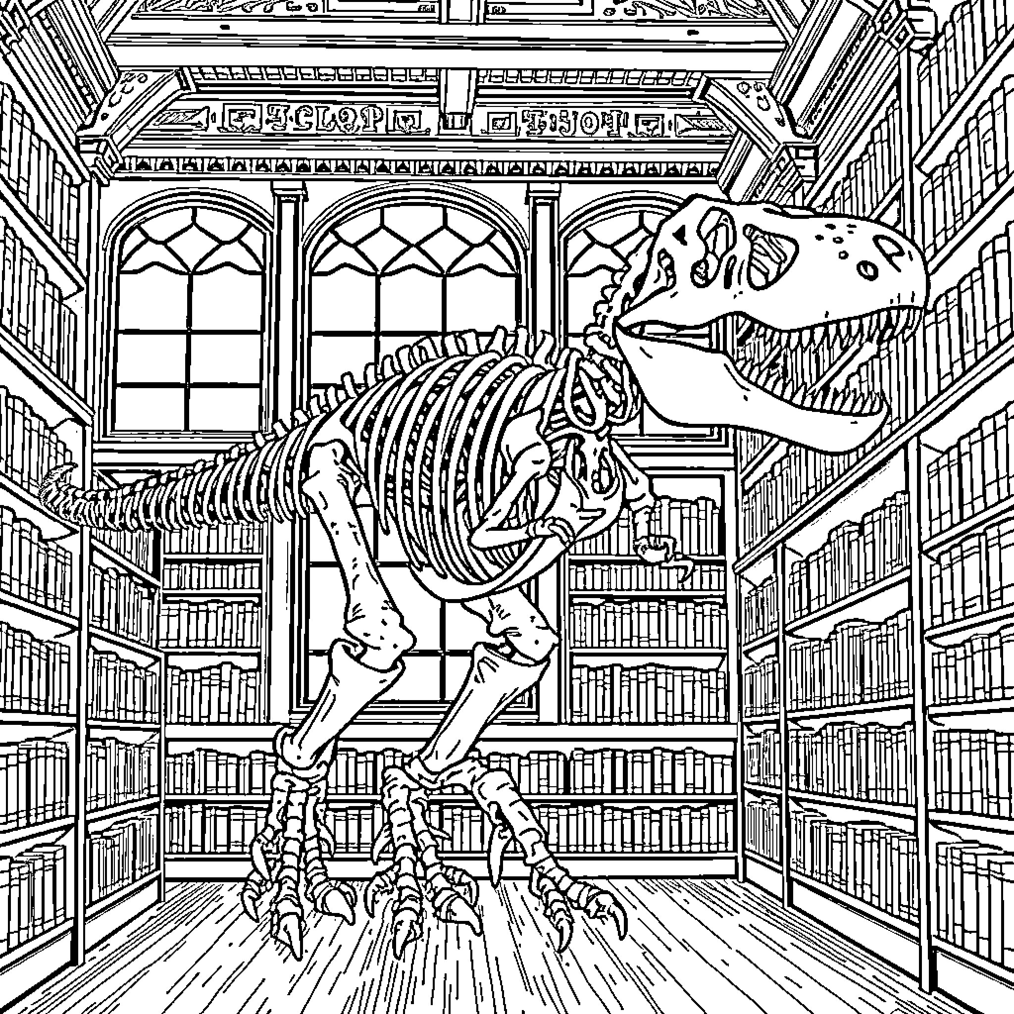 T-Rex Fossil Skeleton in a Library Coloring Page (free black-and-white line drawing printable PDF for all, from beginners to advanced learners, including children, teens, adults, and seniors)
