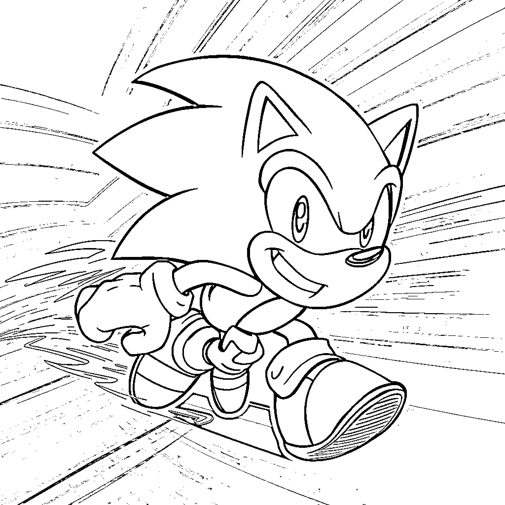 Sonic the Hedgehog dashing through the scene Coloring Page (free black-and-white line drawing printable PDF for all, from beginners to advanced learners, including children, teens, adults, and seniors)