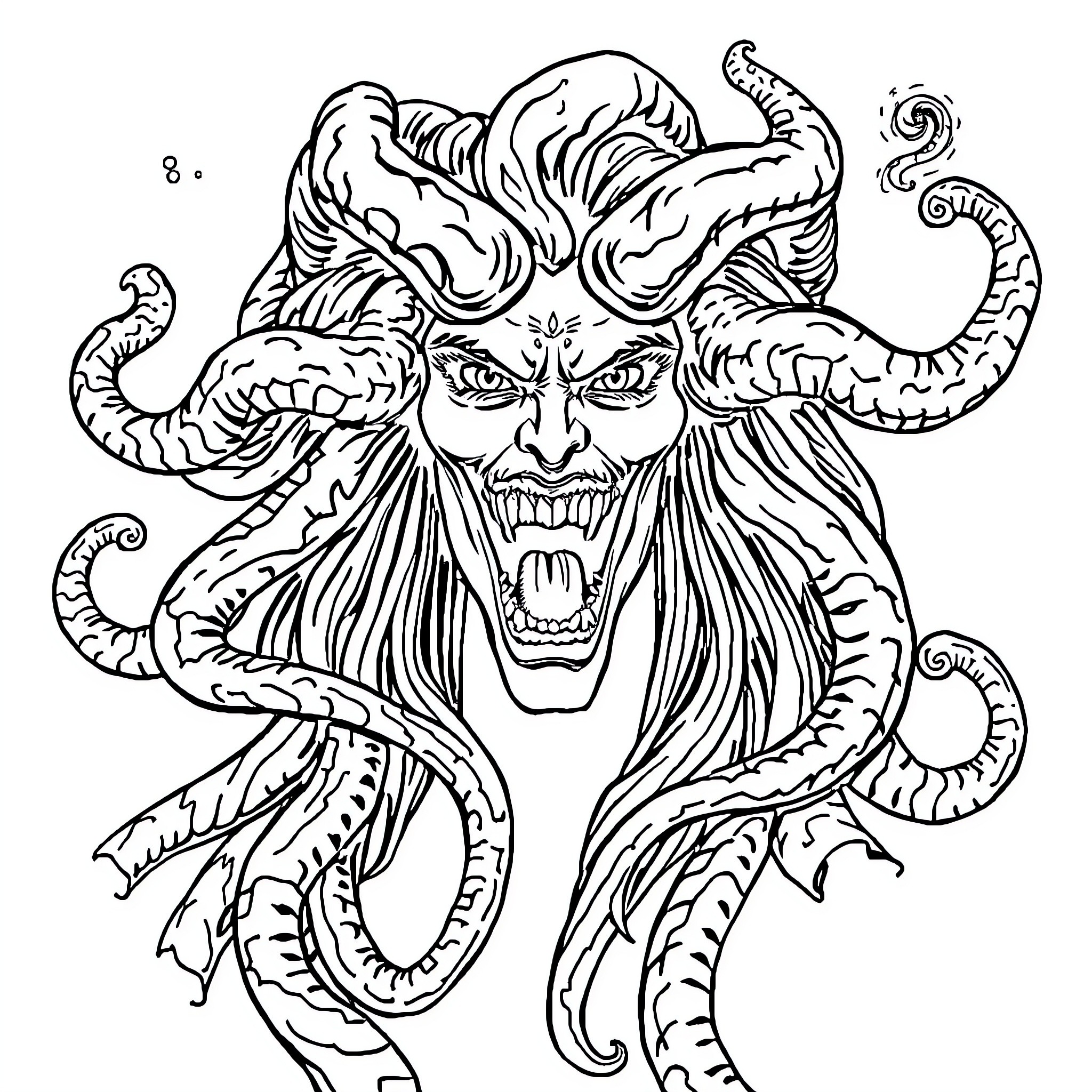 Medusa, the Serpent-Haired Mythical Creature Coloring Page (free black-and-white line drawing printable PDF for all, from beginners to advanced learners, including children, teens, adults, and seniors)