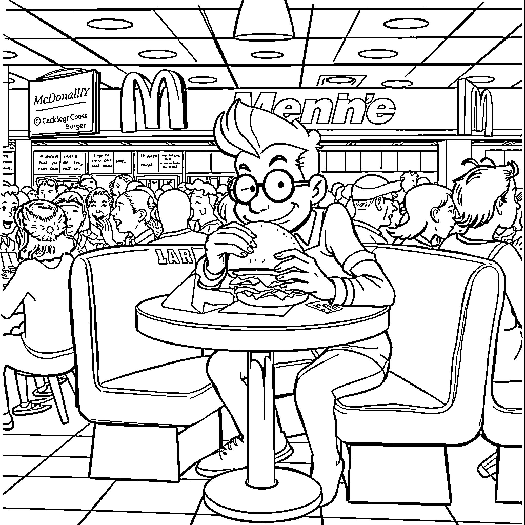 Laser Minnelli's lunchtime adventure in a bustling McDonald's Coloring Page (free black-and-white line drawing printable PDF for all, from beginners to advanced learners, including children, teens, adults, and seniors)