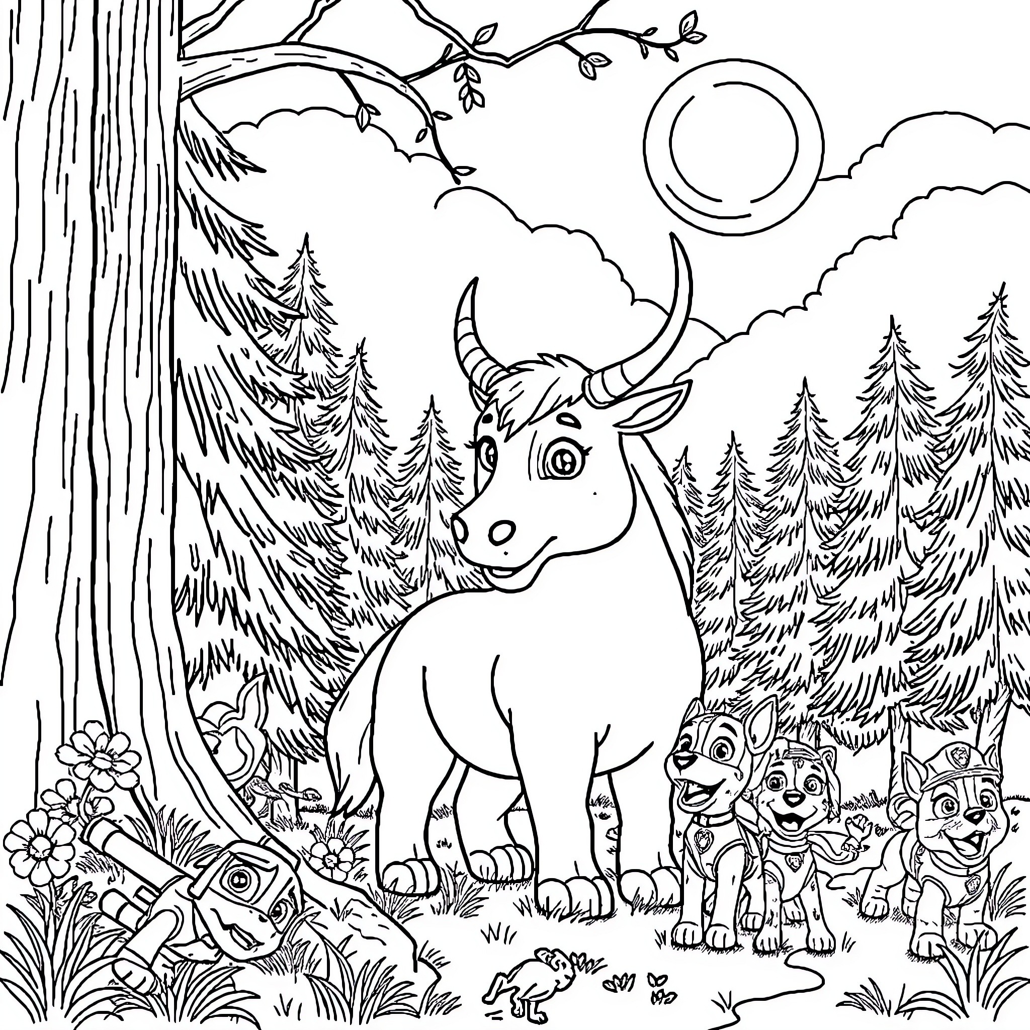 Einhorn and forest animals in a tranquil woodland scene Coloring Page (free black-and-white line drawing printable PDF for all, from beginners to advanced learners, including children, teens, adults, and seniors)