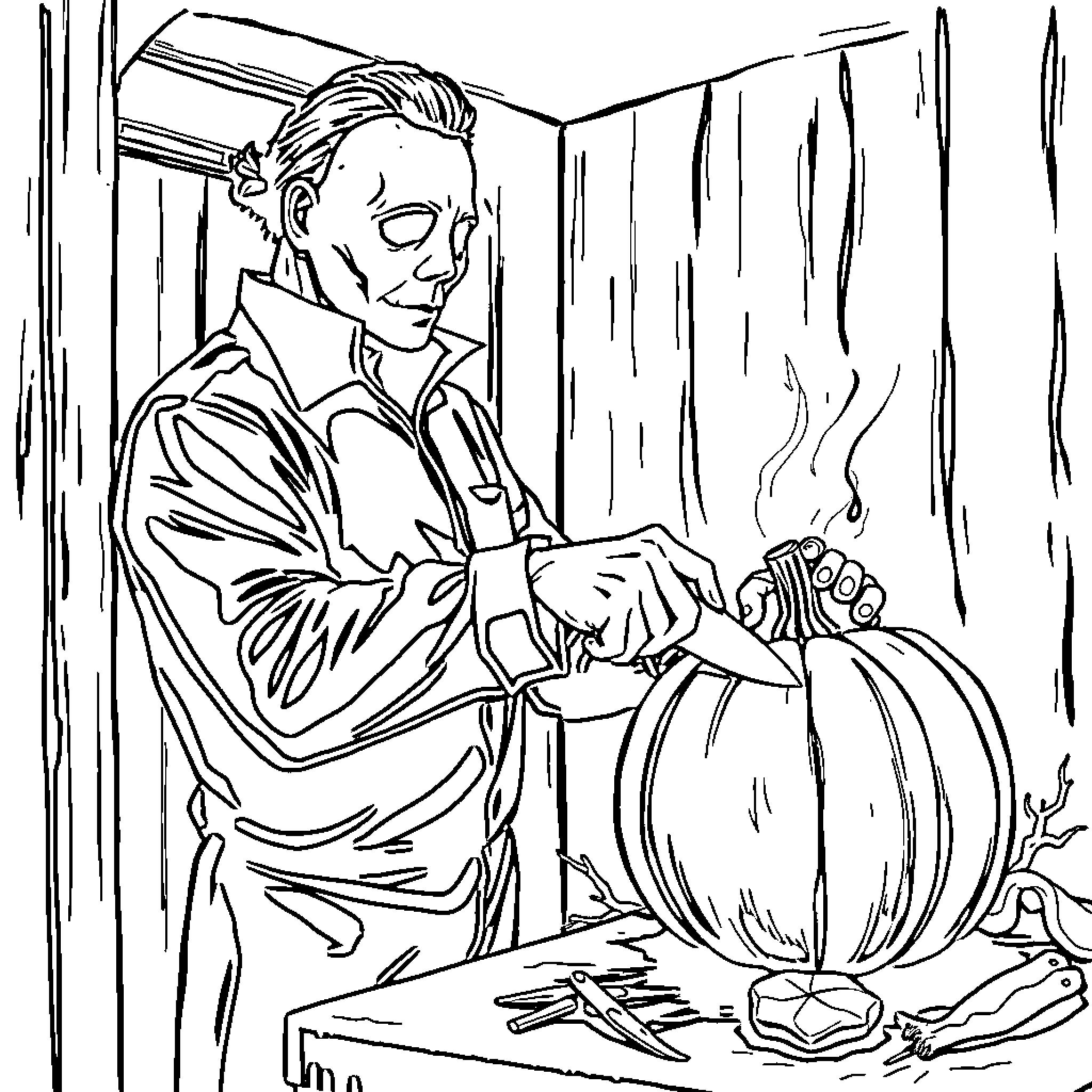 Michael Myers carving a pumpkin in a dimly lit room Coloring Page (free black-and-white line drawing printable PDF for all, from beginners to advanced learners, including children, teens, adults, and seniors)