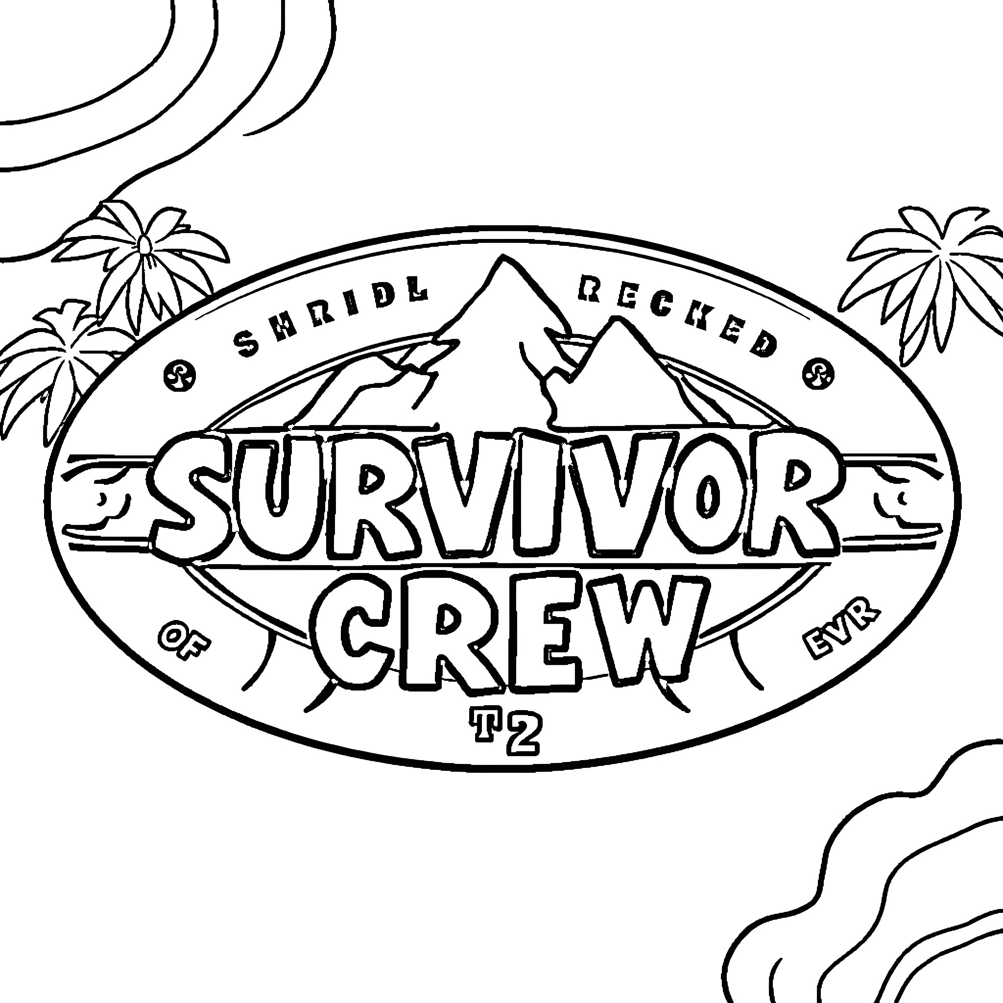 Survivor Crew Logo in Tropical Setting Coloring Page (free black-and-white line drawing printable PDF for all, from beginners to advanced learners, including children, teens, adults, and seniors)