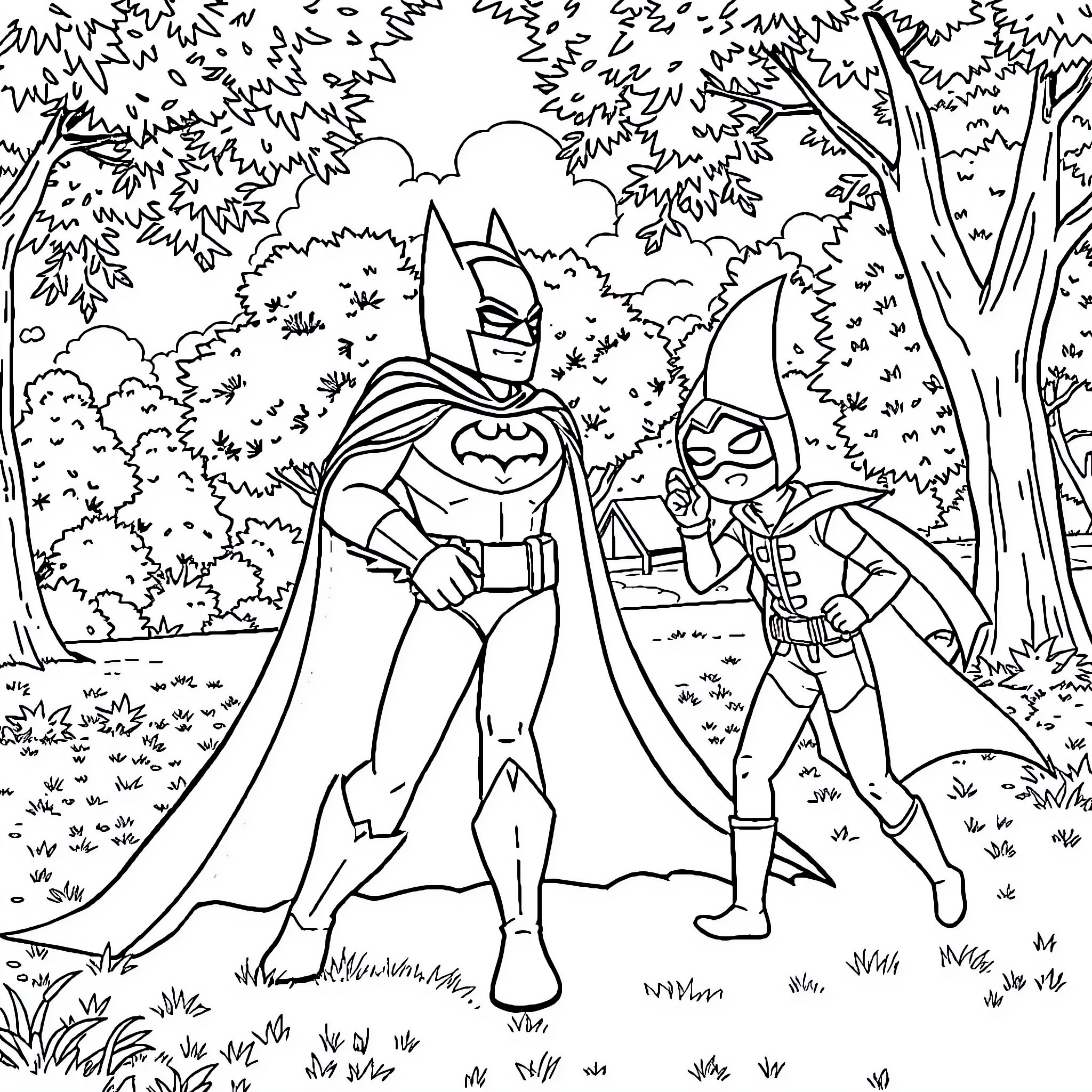 Batman and sidekick explore the forest Coloring Page (free black-and-white line drawing printable PDF for all, from beginners to advanced learners, including children, teens, adults, and seniors)