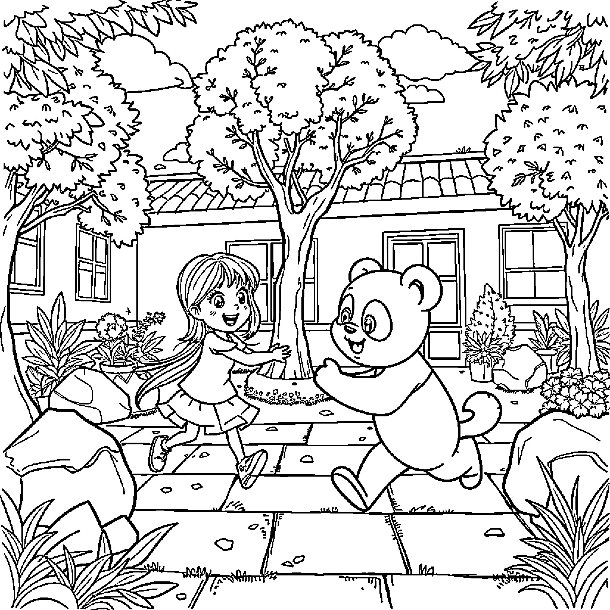 Gabby's Playful Adventure with Teddy Bear Coloring Page (free black-and-white line drawing printable PDF for all, from beginners to advanced learners, including children, teens, adults, and seniors)