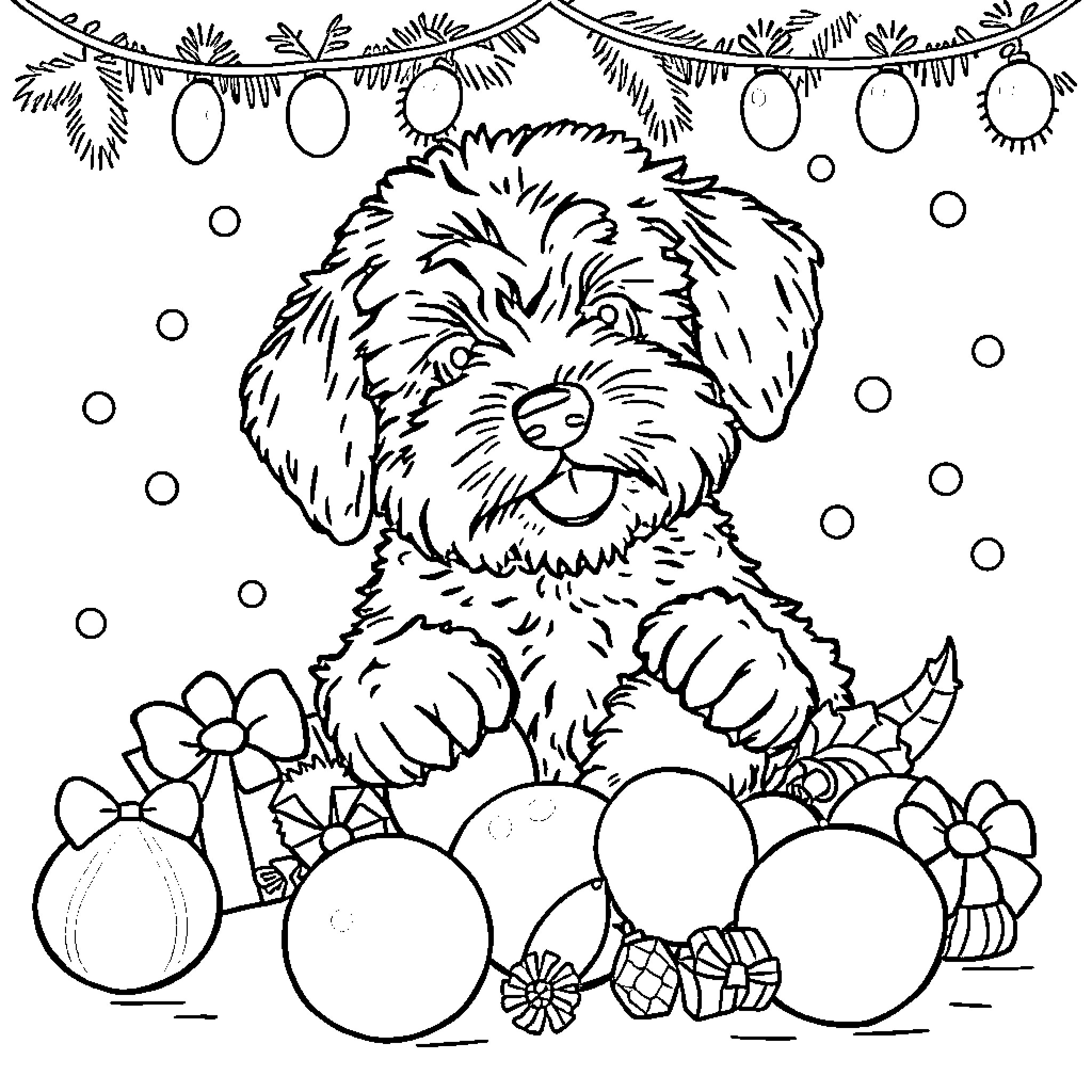 Puppy surrounded by festive decorations Coloring Page (free black-and-white line drawing printable PDF for all, from beginners to advanced learners, including children, teens, adults, and seniors)