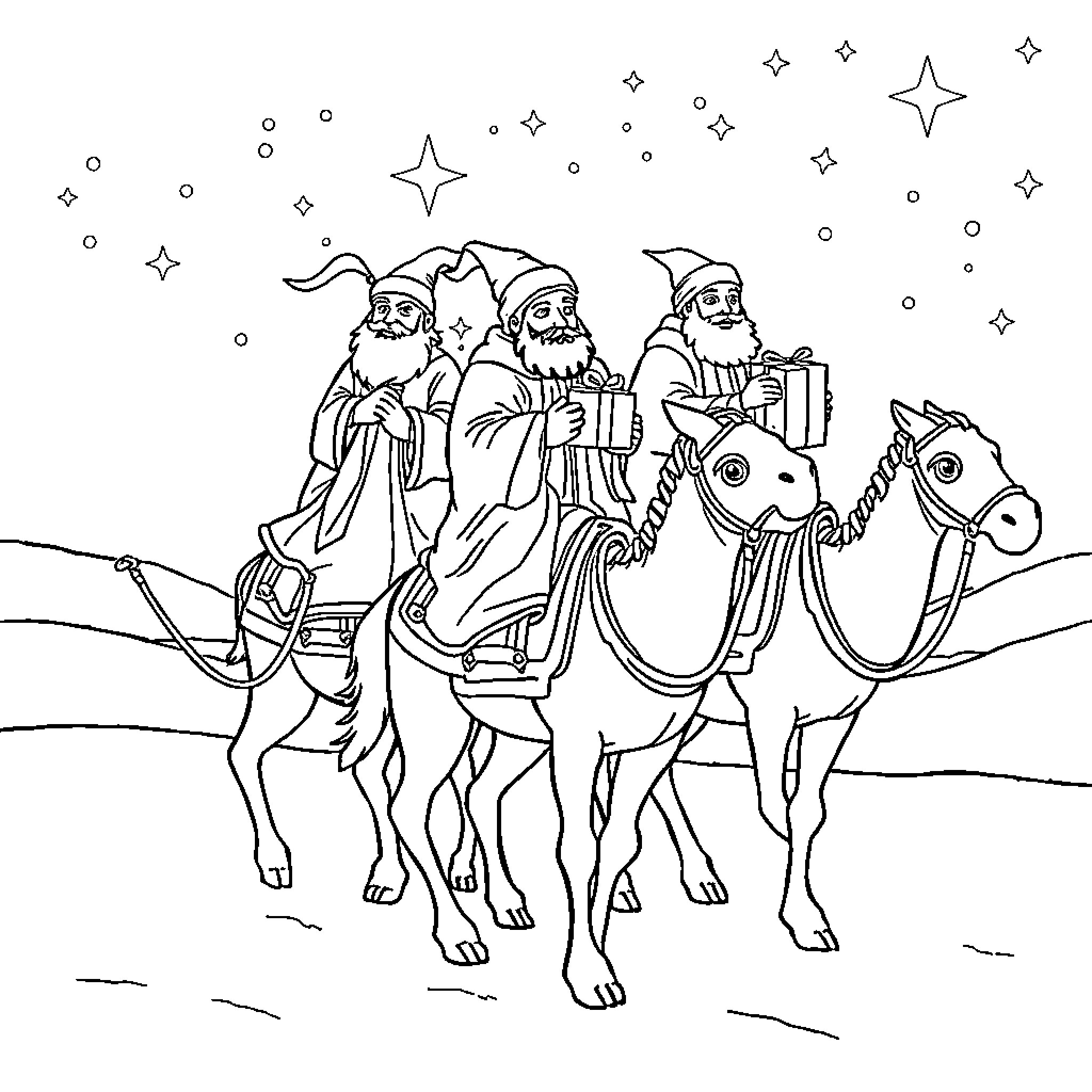 Three Kings Riding Camels in the Desert Night Coloring Page (free black-and-white line drawing printable PDF for all, from beginners to advanced learners, including children, teens, adults, and seniors)