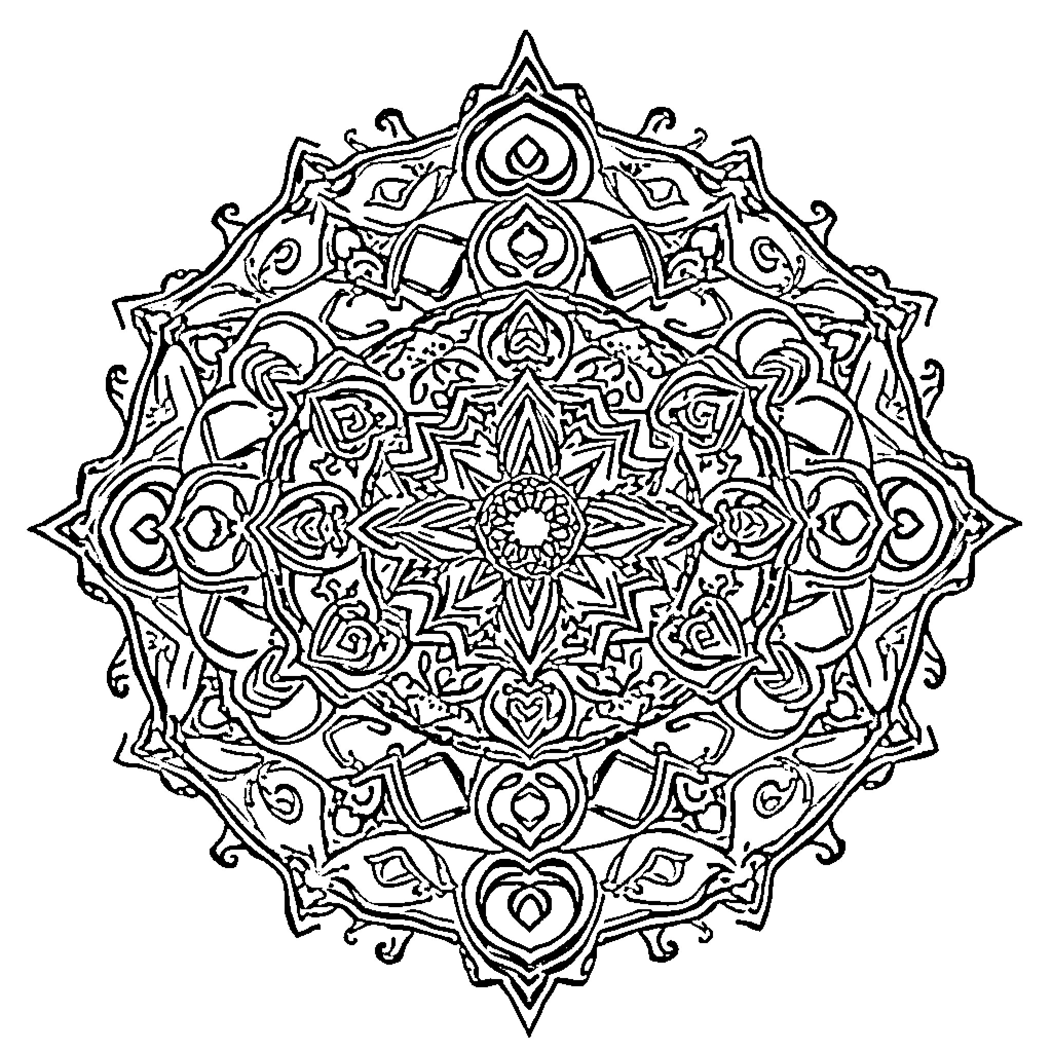 Mandala of intricate floral and geometric patterns Coloring Page (free black-and-white line drawing printable PDF for all, from beginners to advanced learners, including children, teens, adults, and seniors)