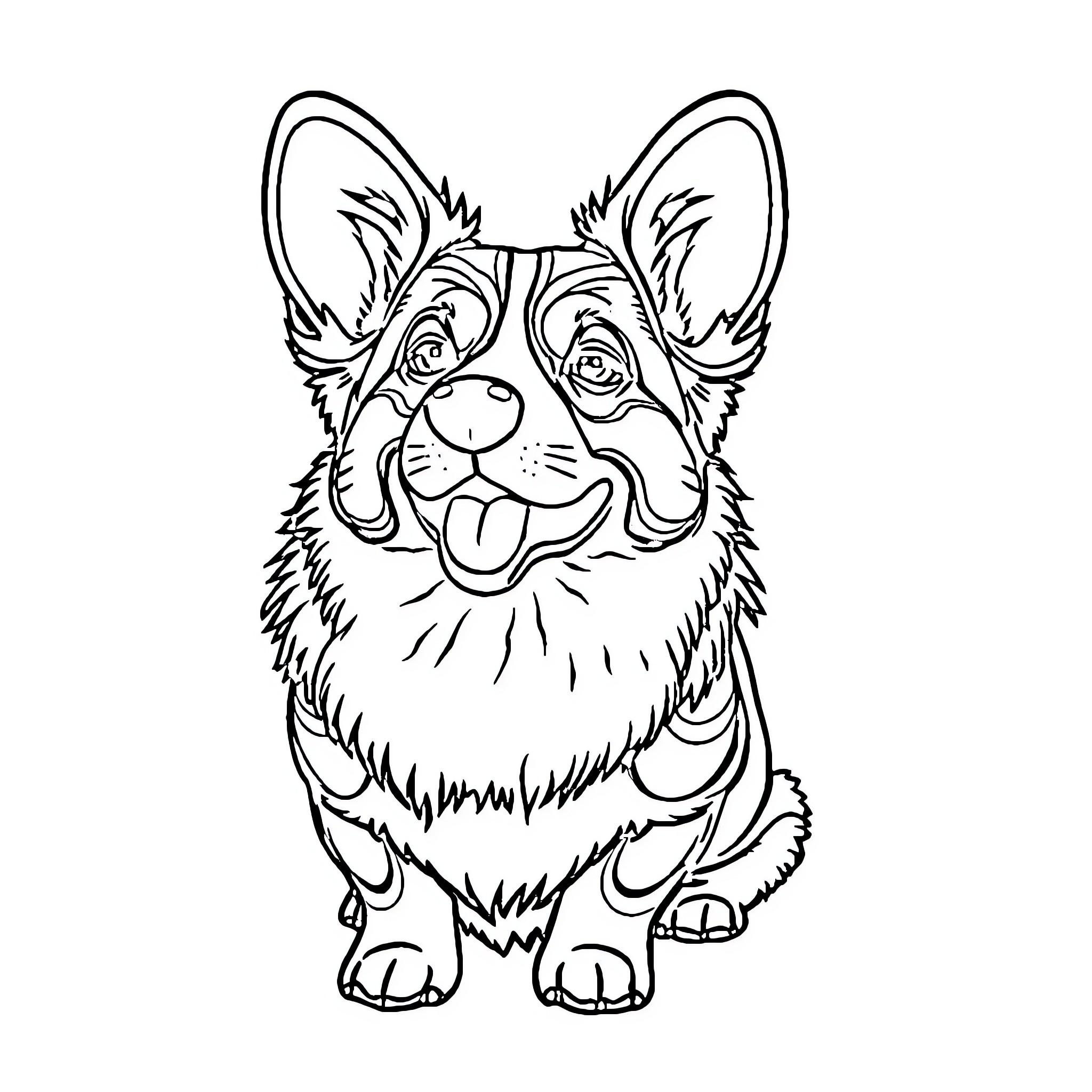 Corgi with a happy expression Coloring Page (free black-and-white line drawing printable PDF for all, from beginners to advanced learners, including children, teens, adults, and seniors)