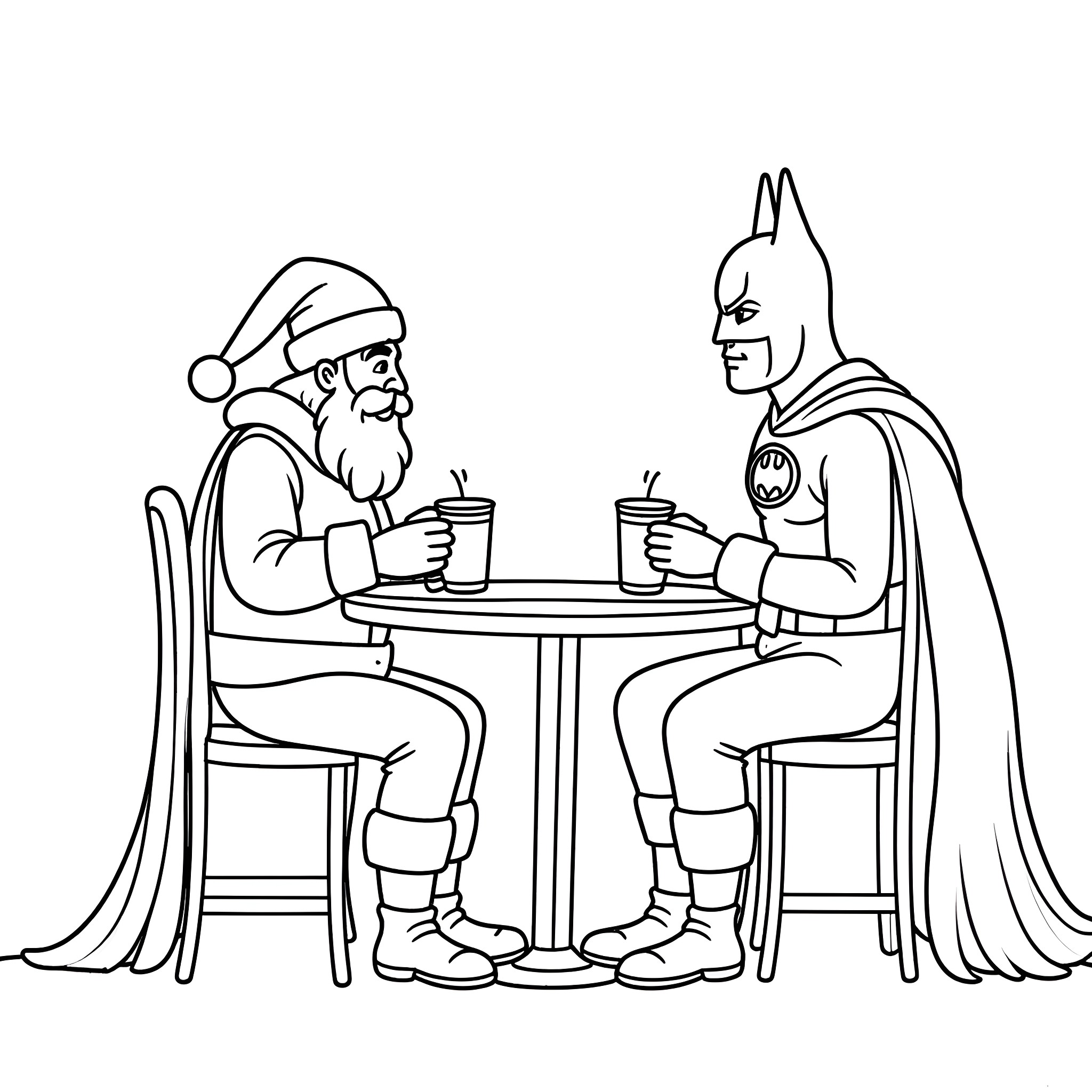 Santa and Batman Enjoying Drinks Together Coloring Page (free black-and-white line drawing printable PDF for all, from beginners to advanced learners, including children, teens, adults, and seniors)