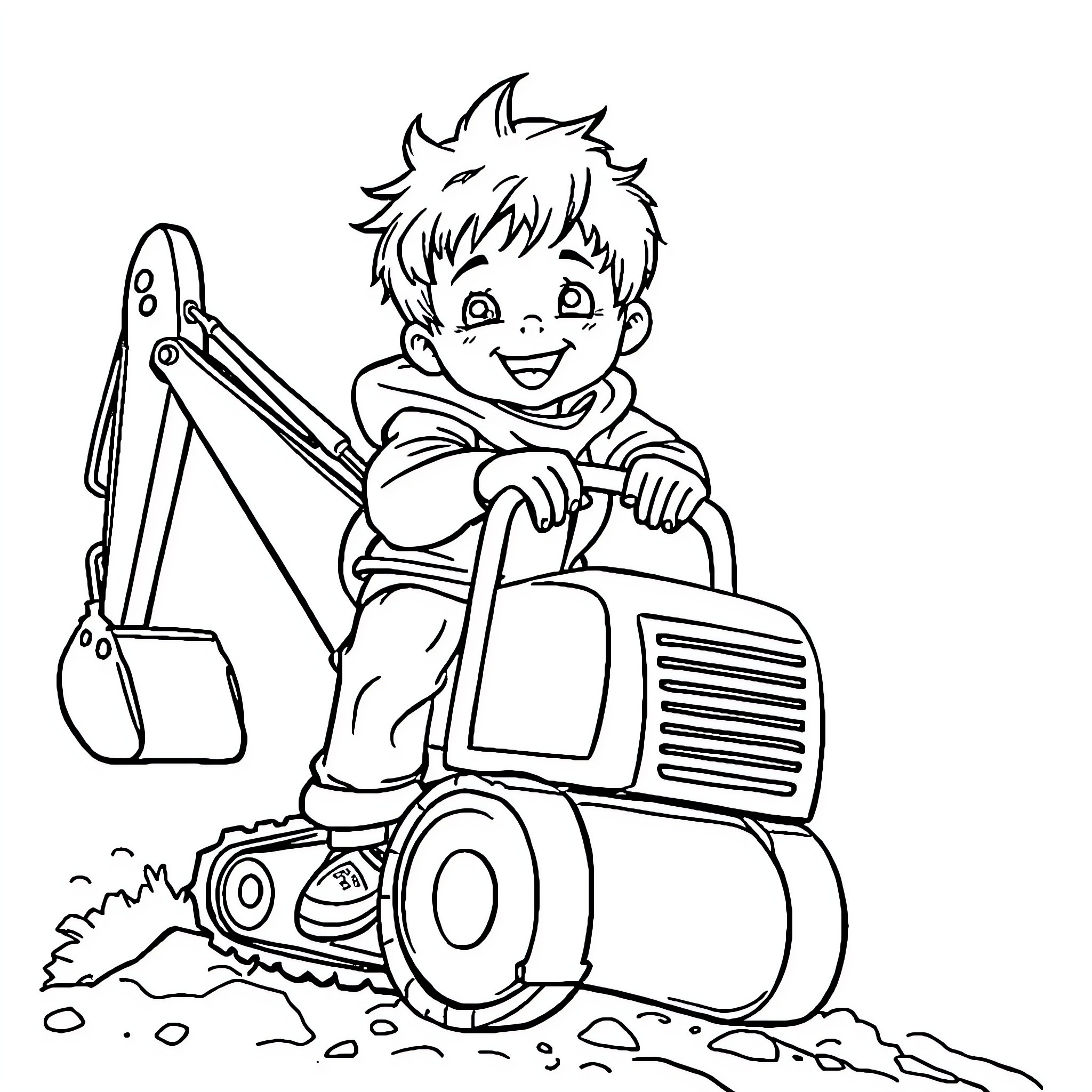 Boy operating a construction excavator with enthusiasm Coloring Page (free black-and-white line drawing printable PDF for all, from beginners to advanced learners, including children, teens, adults, and seniors)