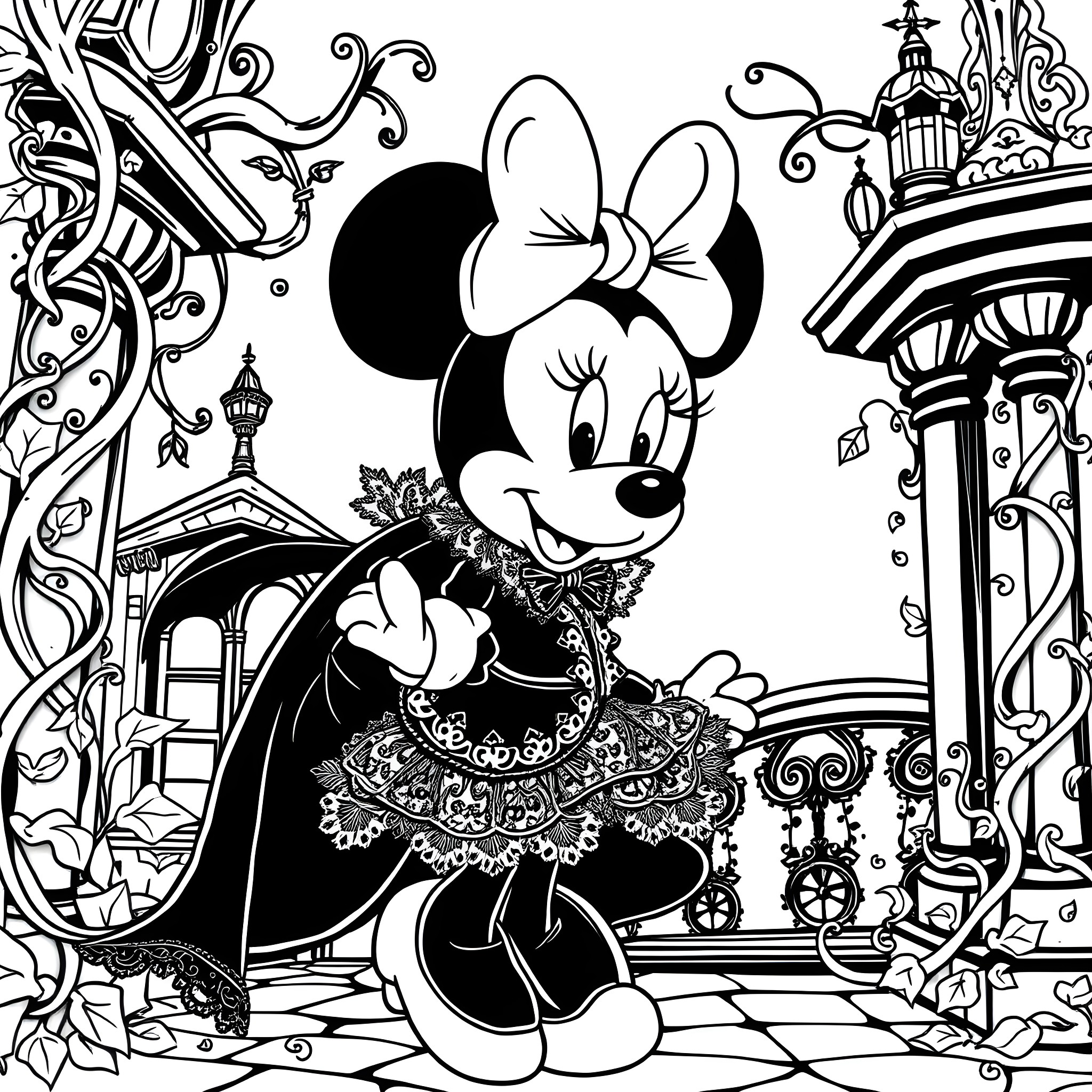 Minnie Mouse in a whimsical, ornate setting Coloring Page (free black-and-white line drawing printable PDF for all, from beginners to advanced learners, including children, teens, adults, and seniors)