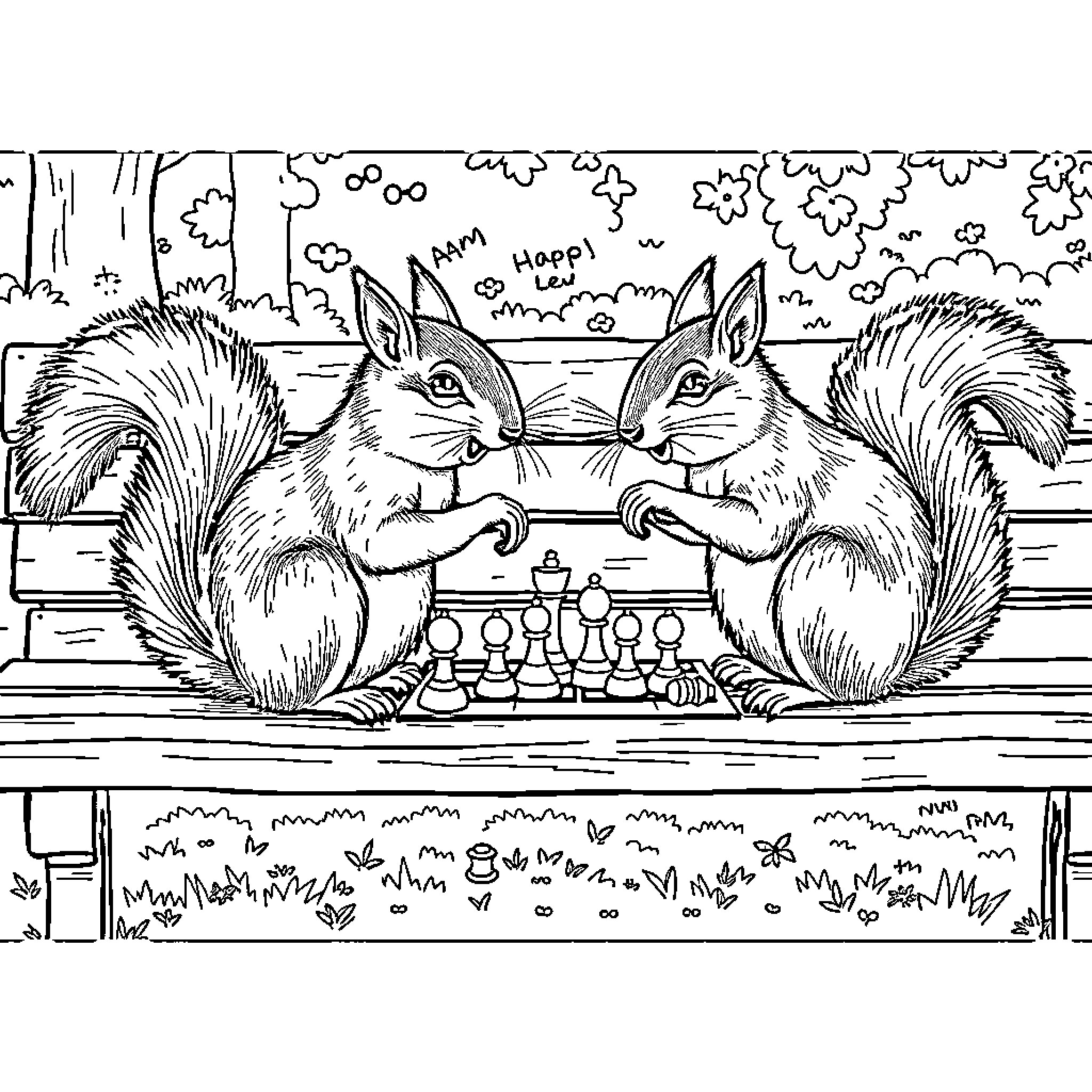 Squirrels playing a friendly chess game in the forest Coloring Page (free black-and-white line drawing printable PDF for all, from beginners to advanced learners, including children, teens, adults, and seniors)