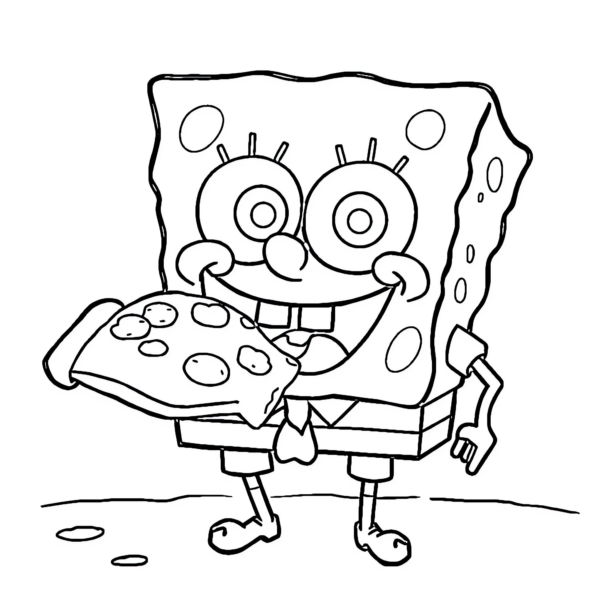 Spongebob enjoying a pizza with a big smile Coloring Page (free black-and-white line drawing printable PDF for all, from beginners to advanced learners, including children, teens, adults, and seniors)