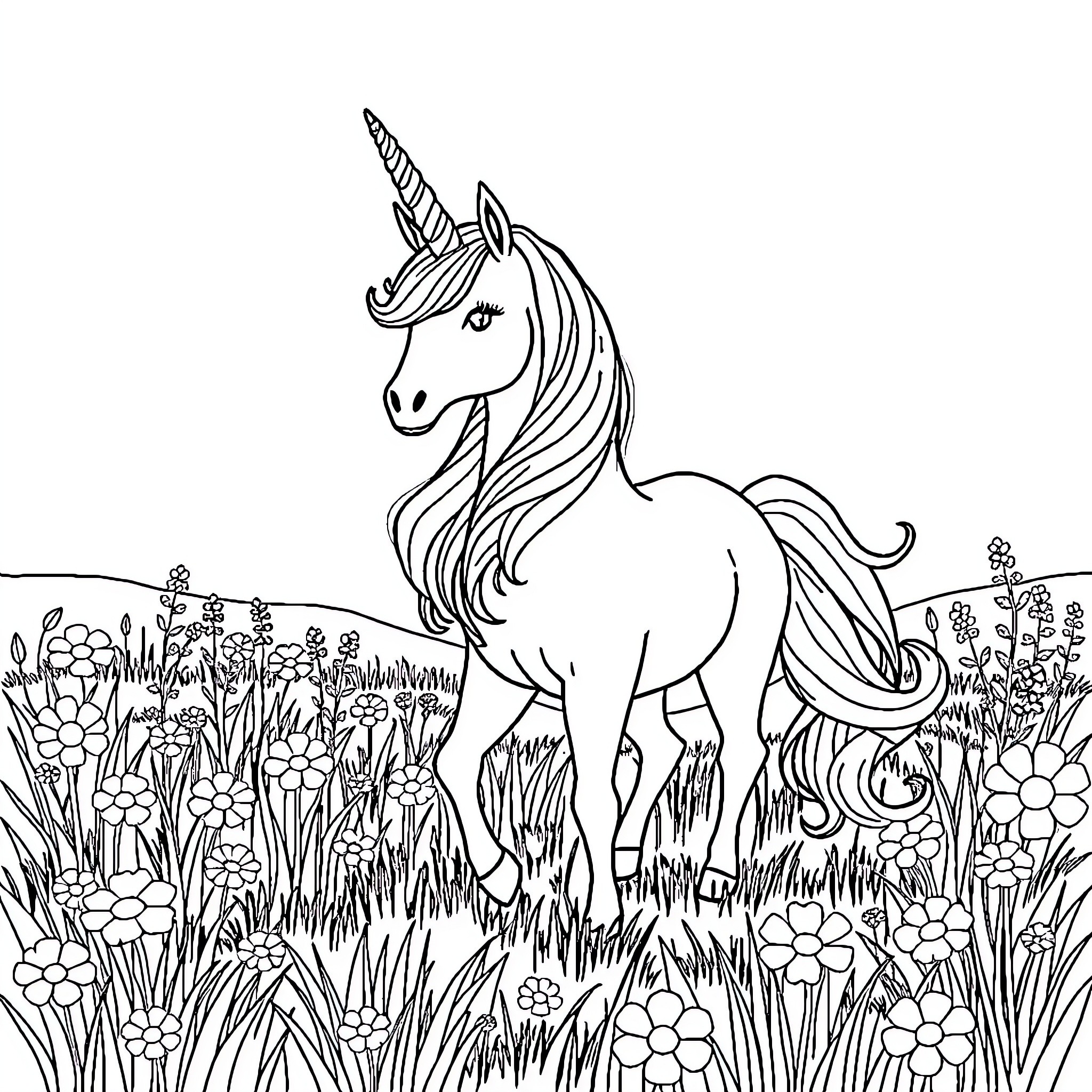 Unicorn among colorful flowers in the meadow Coloring Page (free black-and-white line drawing printable PDF for all, from beginners to advanced learners, including children, teens, adults, and seniors)
