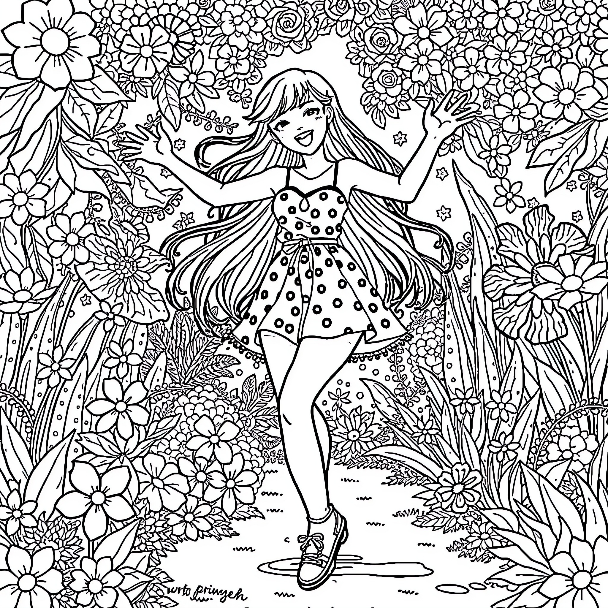 Ange Yuki's Flower Garden Adventure Coloring Page (free black-and-white line drawing printable PDF for all, from beginners to advanced learners, including children, teens, adults, and seniors)