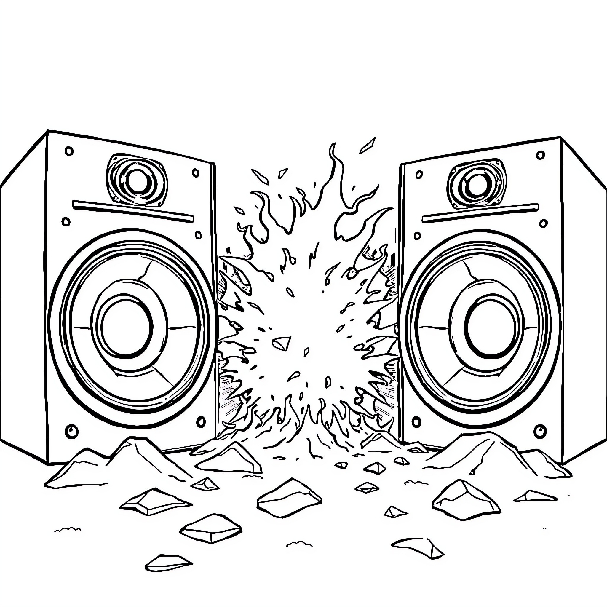 Subwoofer speakers blasting loud music Coloring Page (free black-and-white line drawing printable PDF for all, from beginners to advanced learners, including children, teens, adults, and seniors)