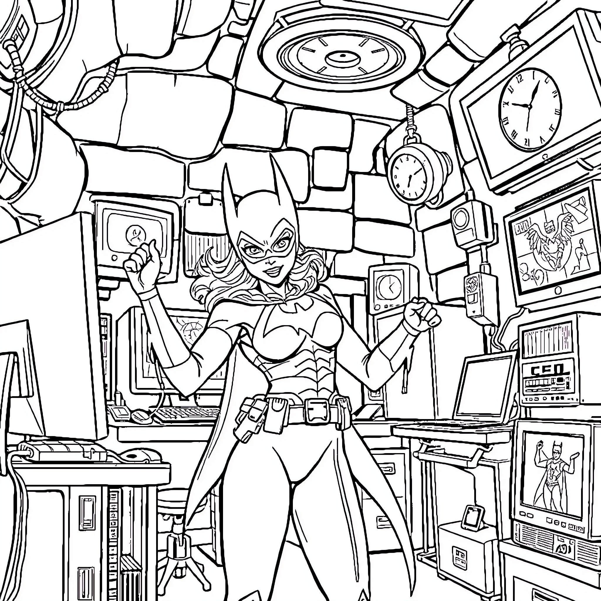 Batgirl investigating in her secret hideout Coloring Page (free black-and-white line drawing printable PDF for all, from beginners to advanced learners, including children, teens, adults, and seniors)