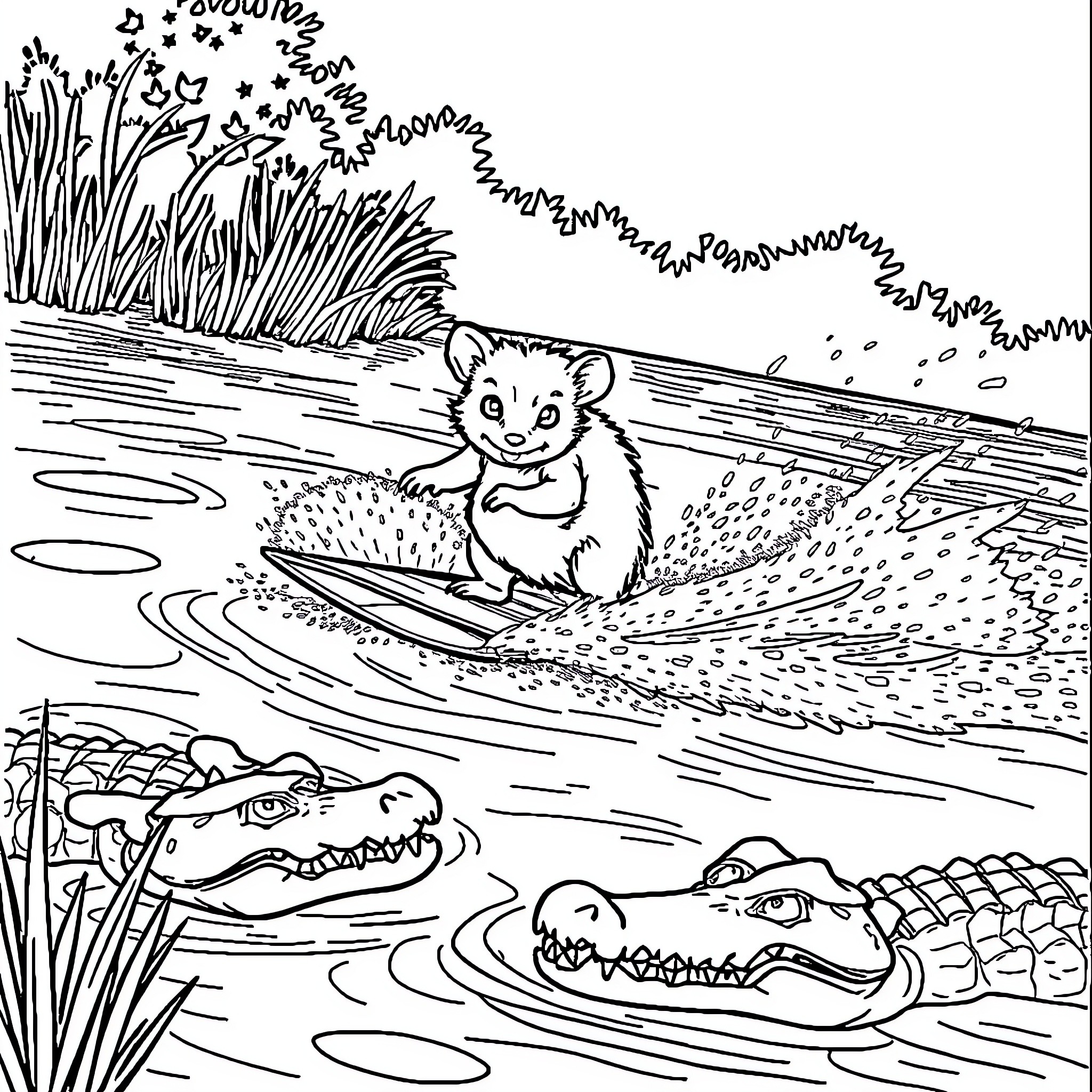 Possum enjoying a swim near curious alligators Coloring Page (free black-and-white line drawing printable PDF for all, from beginners to advanced learners, including children, teens, adults, and seniors)