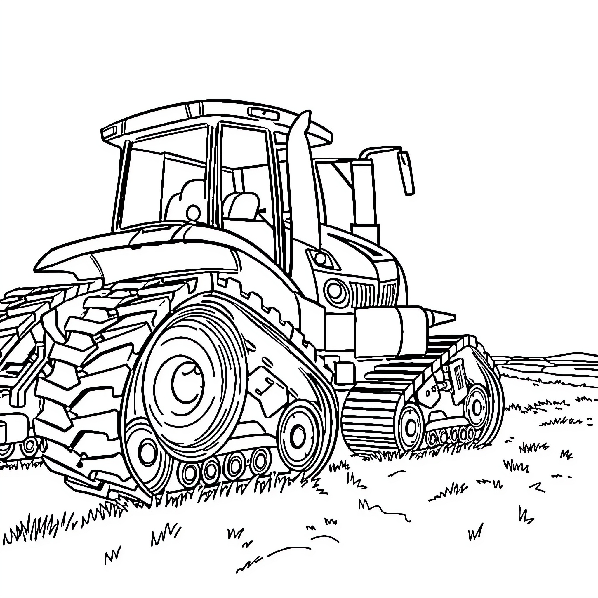 Tractor plowing the field on a sunny day Coloring Page (free black-and-white line drawing printable PDF for all, from beginners to advanced learners, including children, teens, adults, and seniors)