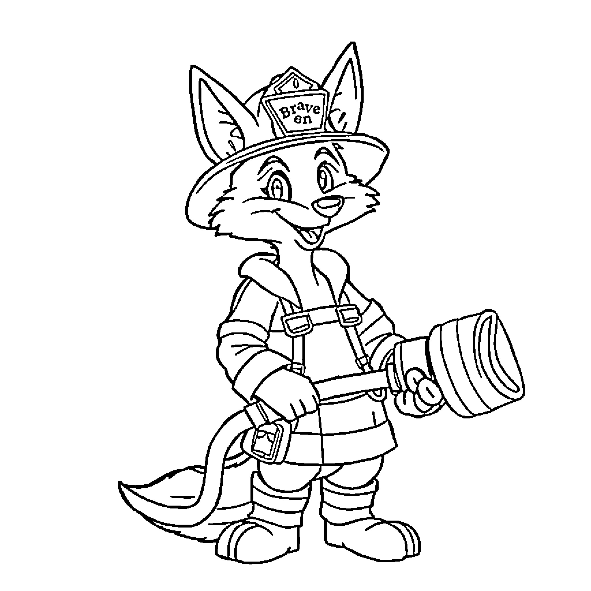 Coyote firefighter in uniform with fire hose Coloring Page (free black-and-white line drawing printable PDF for all, from beginners to advanced learners, including children, teens, adults, and seniors)