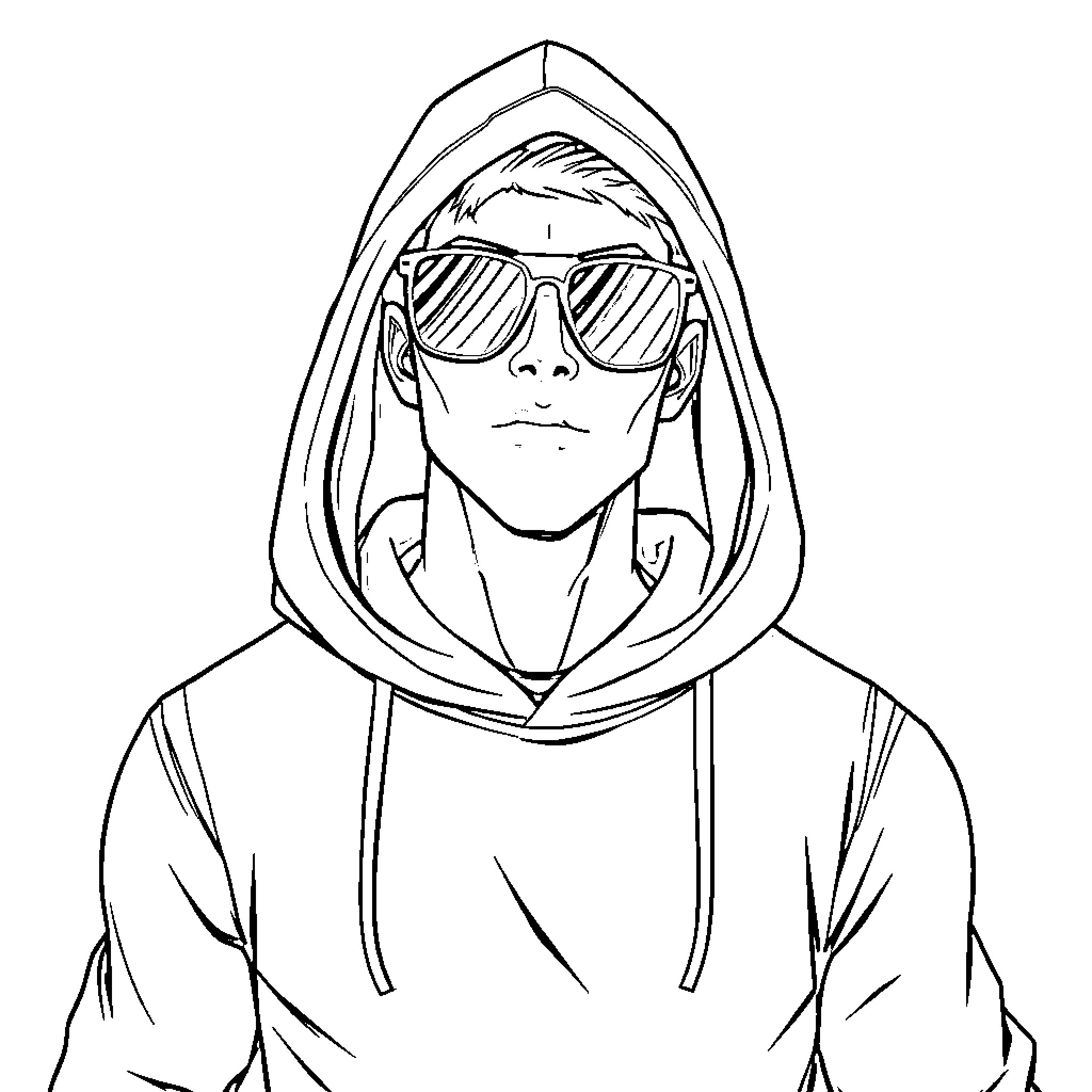Fortnite player in hoodie and sunglasses Coloring Page (free black-and-white line drawing printable PDF for all, from beginners to advanced learners, including children, teens, adults, and seniors)
