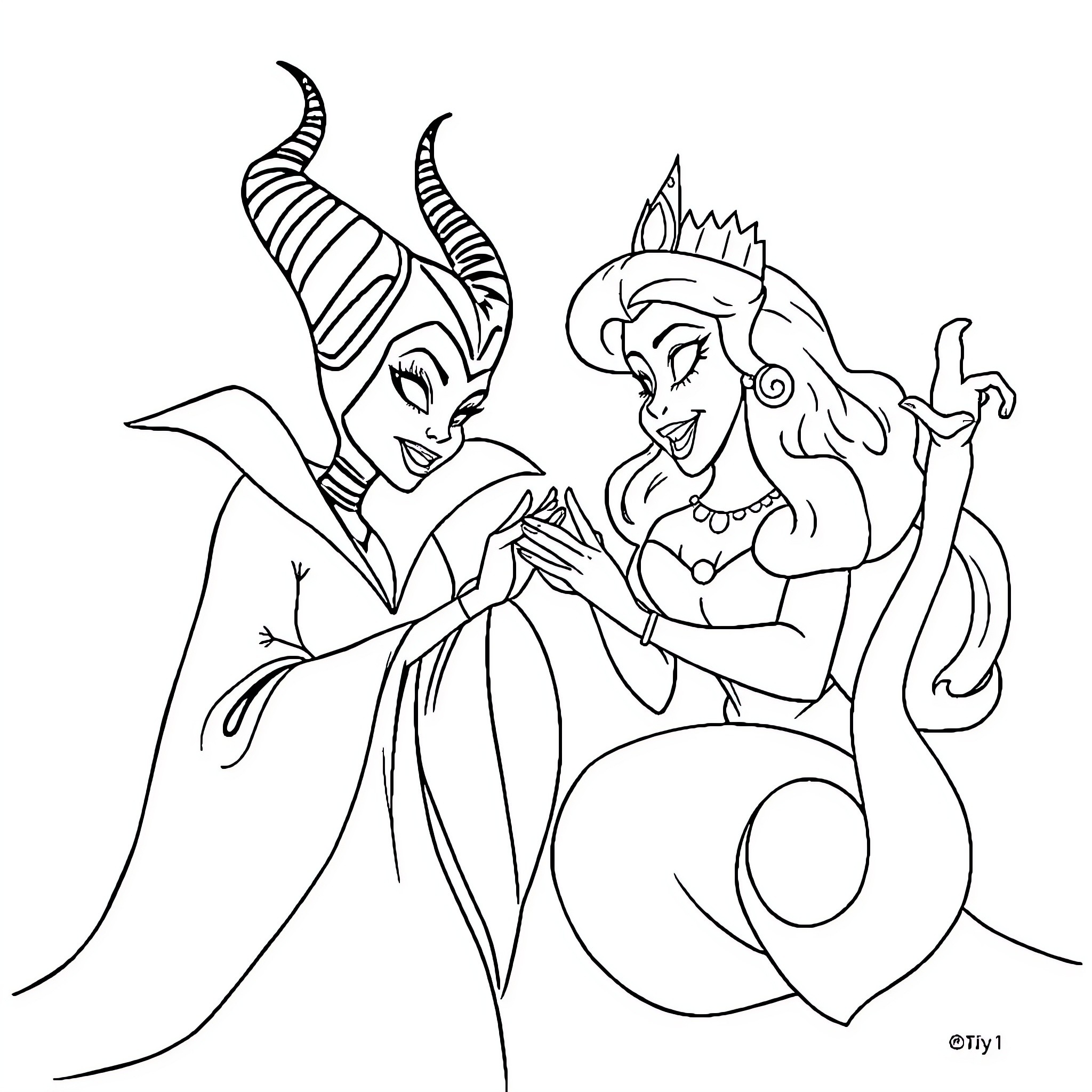 Disney Villains Plotting Mischief Together Coloring Page (free black-and-white line drawing printable PDF for all, from beginners to advanced learners, including children, teens, adults, and seniors)