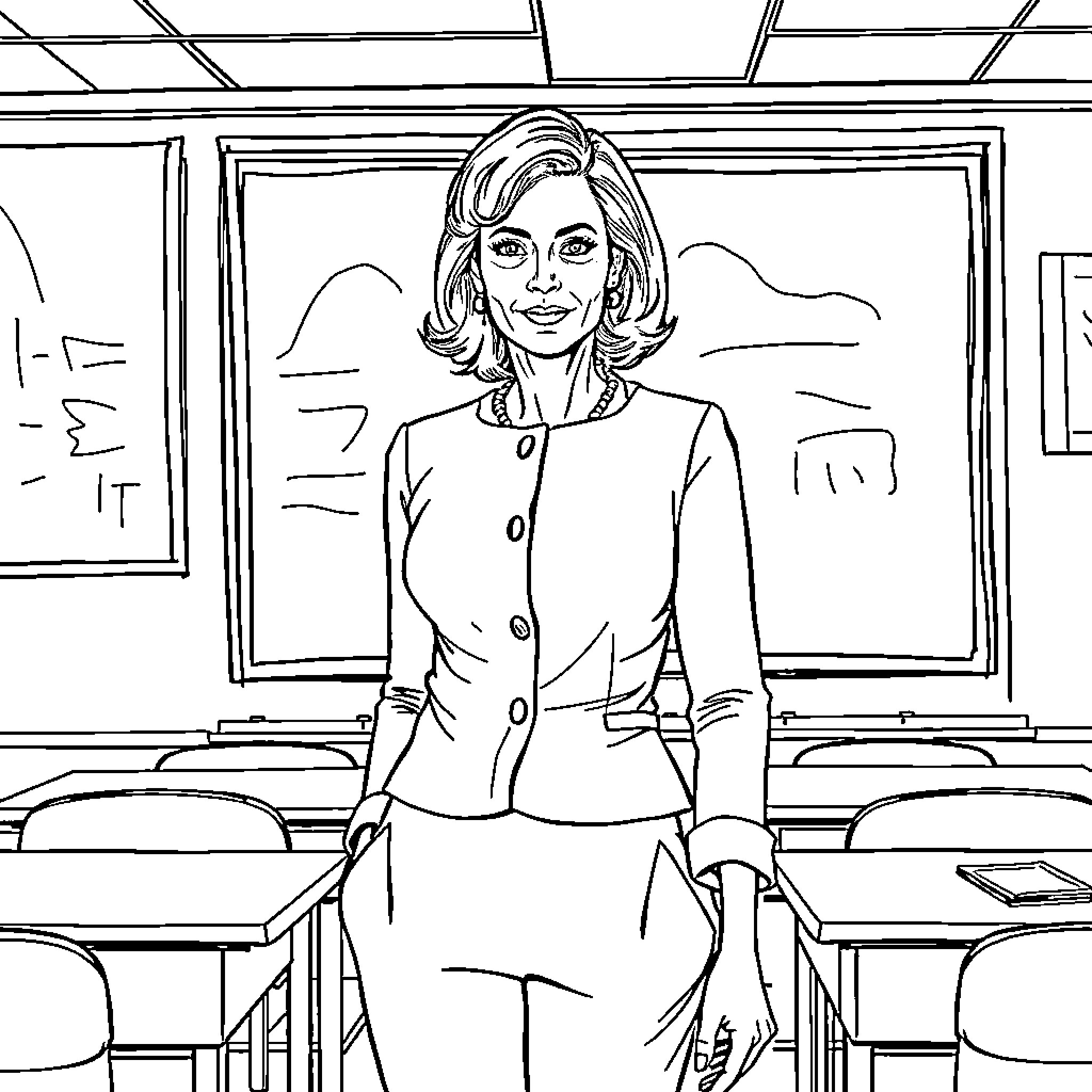 Cate Blanchett standing confidently in a classroom Coloring Page (free black-and-white line drawing printable PDF for all, from beginners to advanced learners, including children, teens, adults, and seniors)