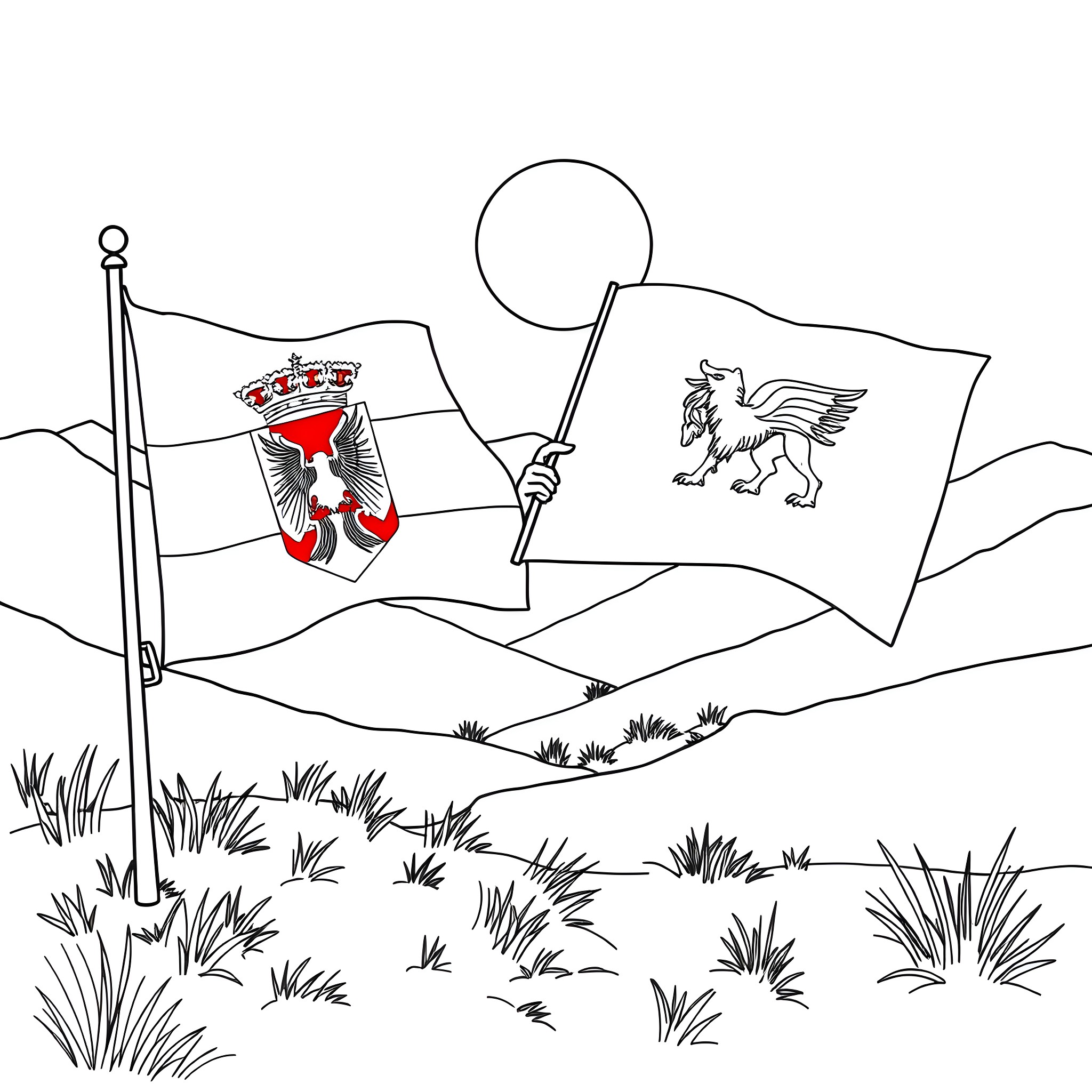 Flags of nations waving in the wind Coloring Page (free black-and-white line drawing printable PDF for all, from beginners to advanced learners, including children, teens, adults, and seniors)