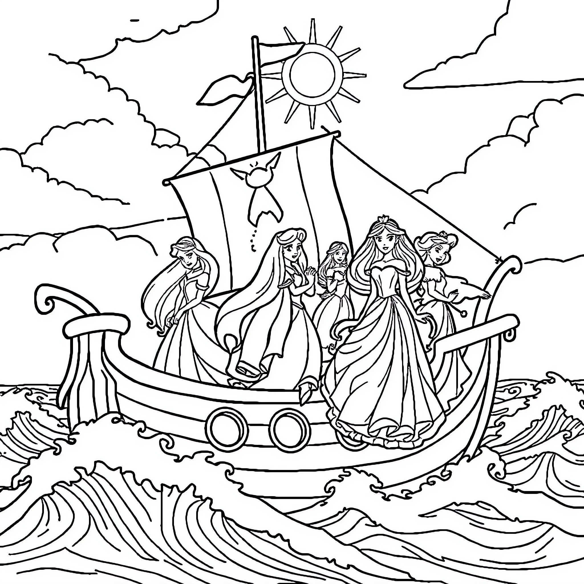 Disney Princess Sailing on a Magical Boat Coloring Page (free black-and-white line drawing printable PDF for all, from beginners to advanced learners, including children, teens, adults, and seniors)