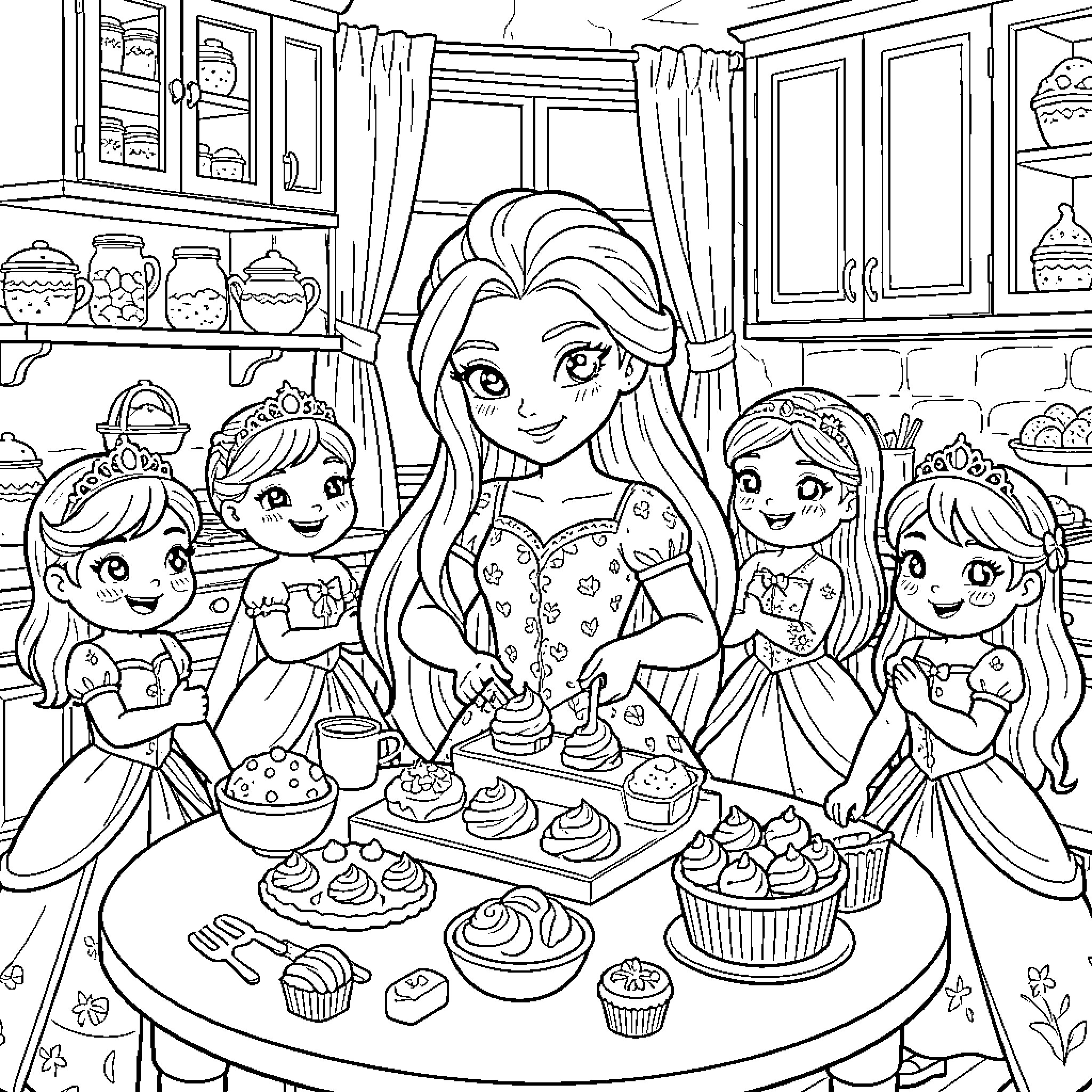 Princess and her friends bake delicious treats Coloring Page (free black-and-white line drawing printable PDF for all, from beginners to advanced learners, including children, teens, adults, and seniors)