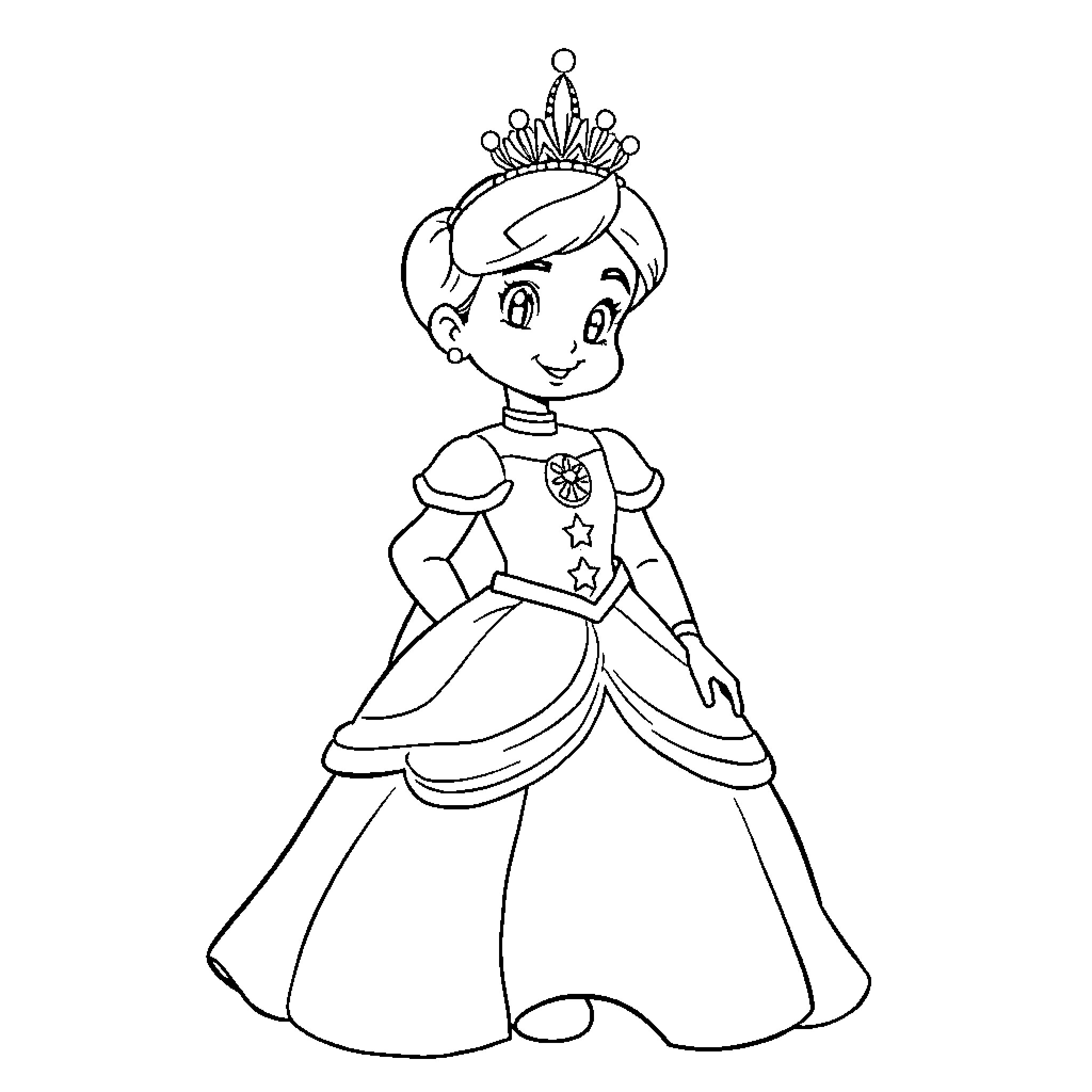 Disney Prince Happily Smiling in Crown and Elegant Dress Coloring Page (free black-and-white line drawing printable PDF for all, from beginners to advanced learners, including children, teens, adults, and seniors)